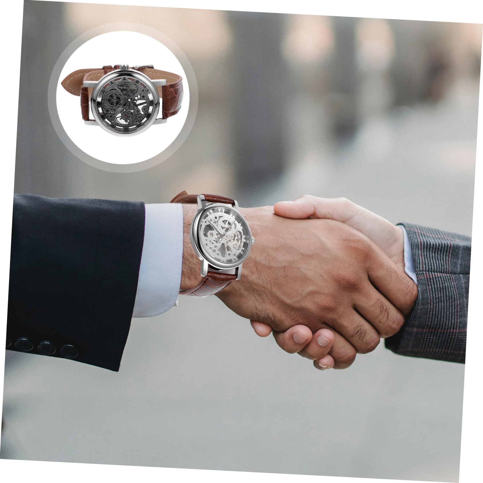 Healvian Winner Orologio Meccanico Manuale con Rotondo Cinturino PU Regolabile Marrone e Cassa Preciso e Design