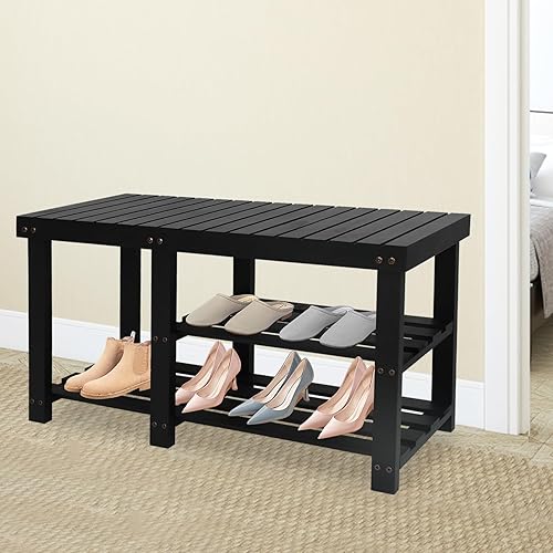 Miniatura 8 de Acehome Zapatero de entrada de 3 niveles con asiento, banco de zapatos de 33.6 pulgadas con almacenamiento, organizador de zapatos de madera,