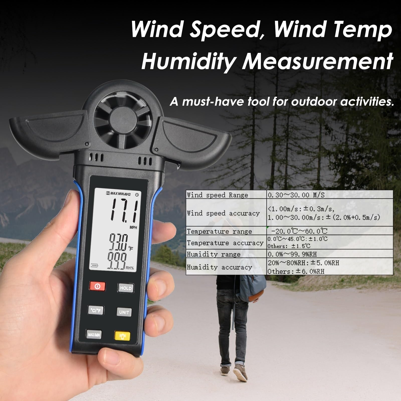 Anemometry, Cyfrowy anemometr ręczny z obrotowym detektorem o 270° i podwójną pokrywą wiatrowskazu, 6 jednostek prędkości wiatru
