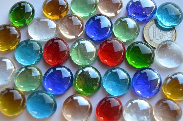 Pack of 30 Decorative Mosaic Glass Pebbles, Multi-Coloured / Transparent, 17 to 20 mm, Approx. 130 g