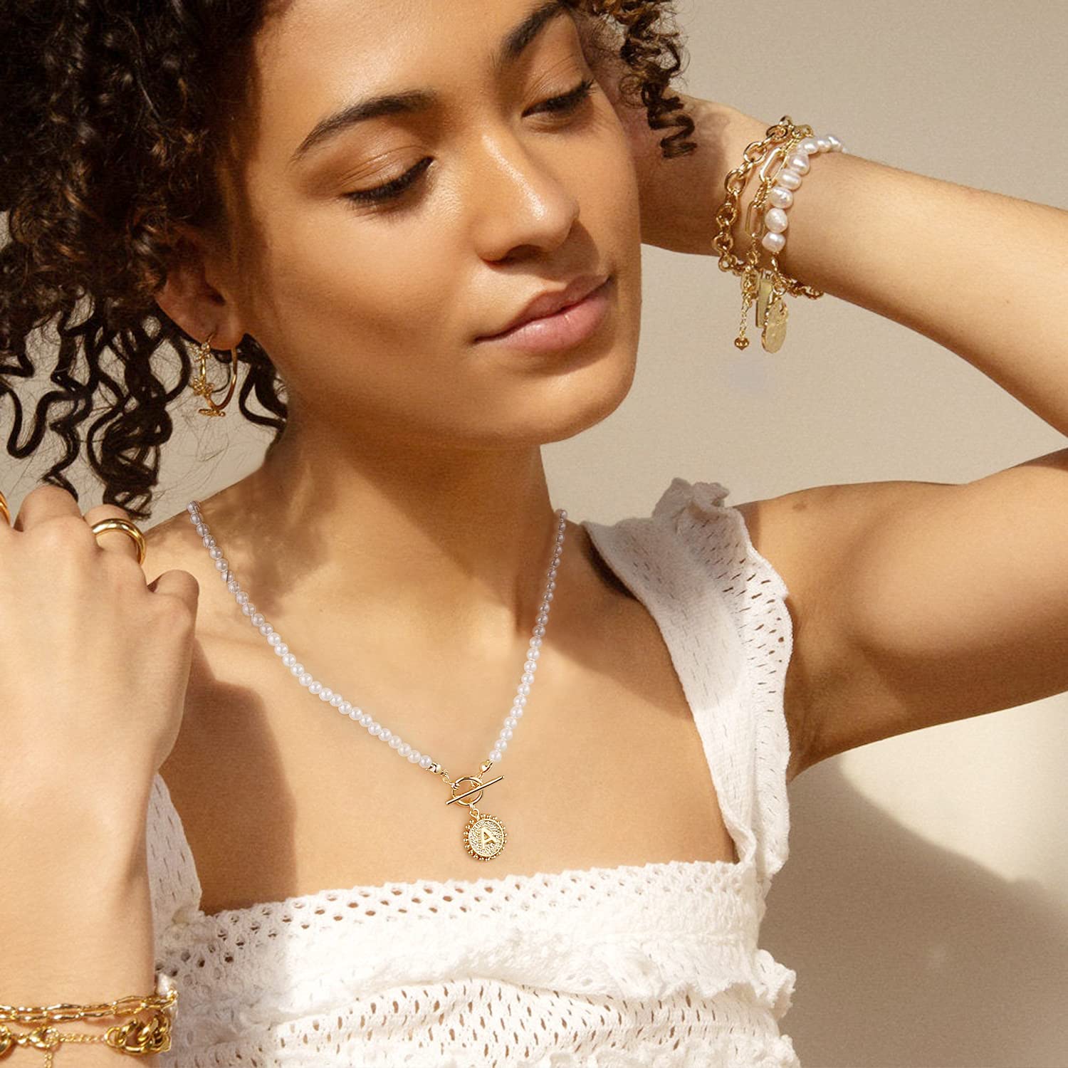 Initial Choker Pearl Necklace for Women, 14K Gold Plated Handmade 4MM Simulated Pearl Necklace Choker Dainty Toggle Clasp T Initial Coin Pendant Pearl Necklace Jewelry Gifts for Women (T)