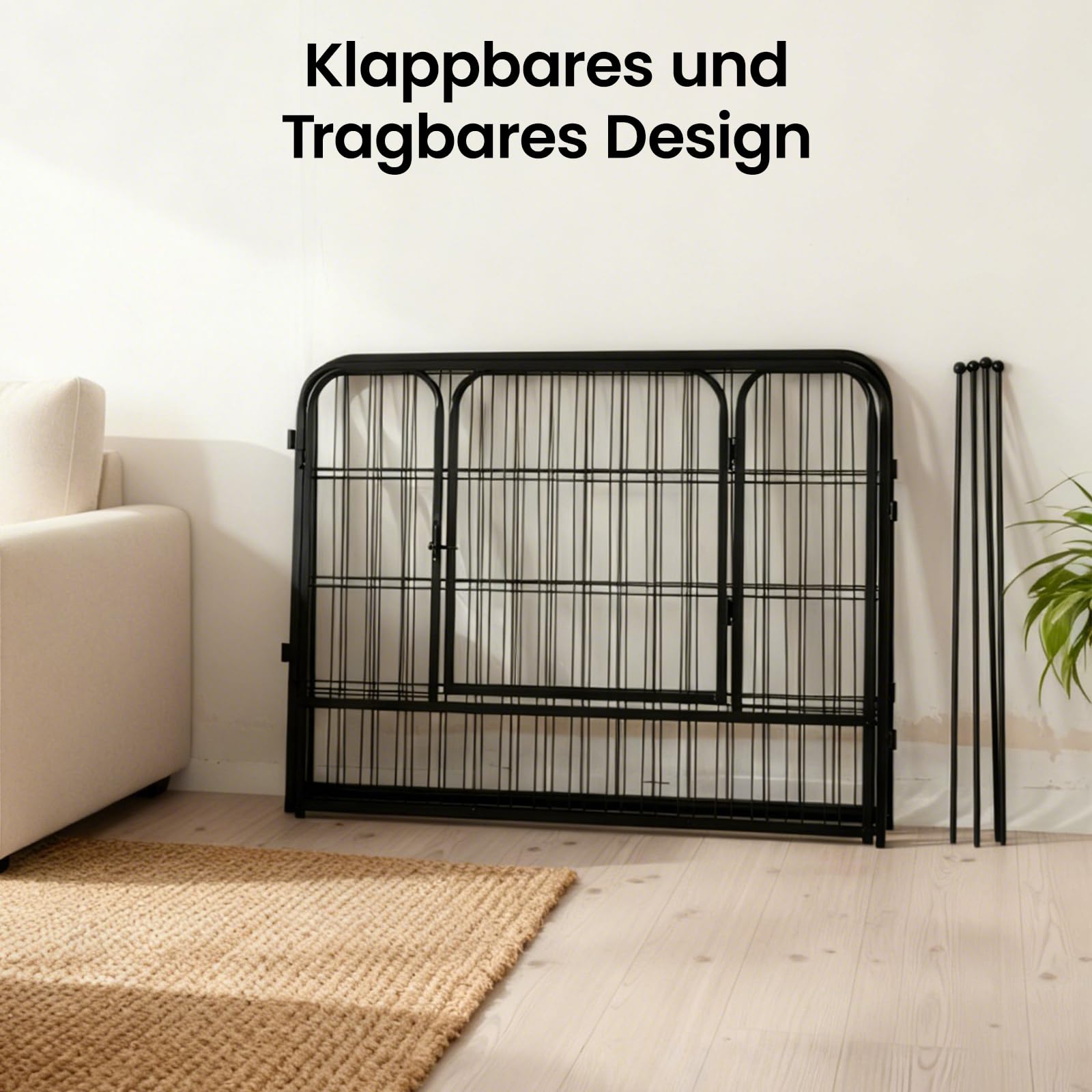 Welpenauslauf Hundelaufstall mit Einhand-Sicherheitsschloss, stabiles Hundegitter für Welpen & Hunde, modularer Hundelaufstall für Innen & Außen, schnell aufbaubar & faltbar (8PCS+80CM)