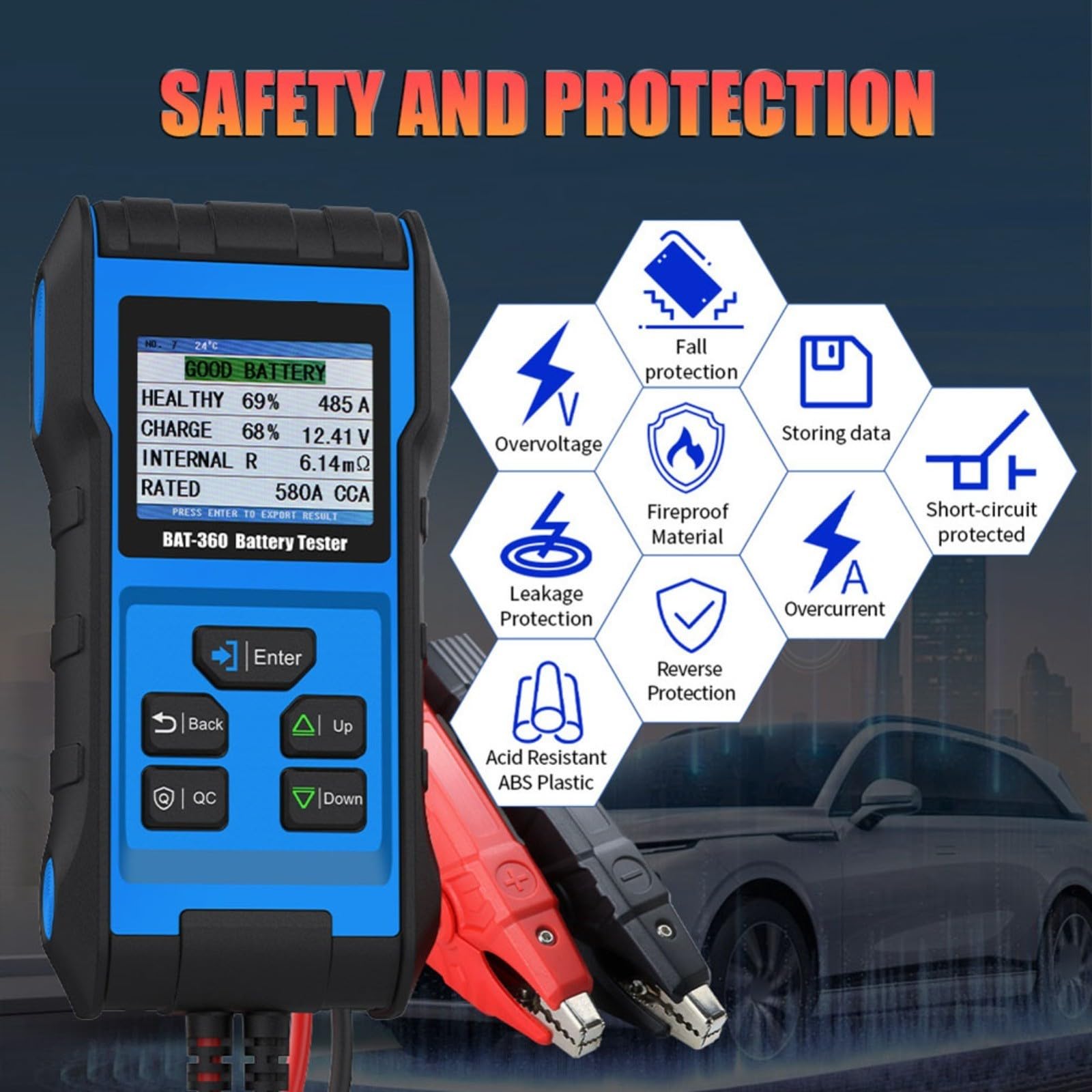 BAT-360 - Comprobador de batería para coche (12 V, con sistema de arranque y sistema de carga, pantalla TFT, comprobador de batería para AGM para Efb GEL para Lifepo4, coche, moto, camión, para taller