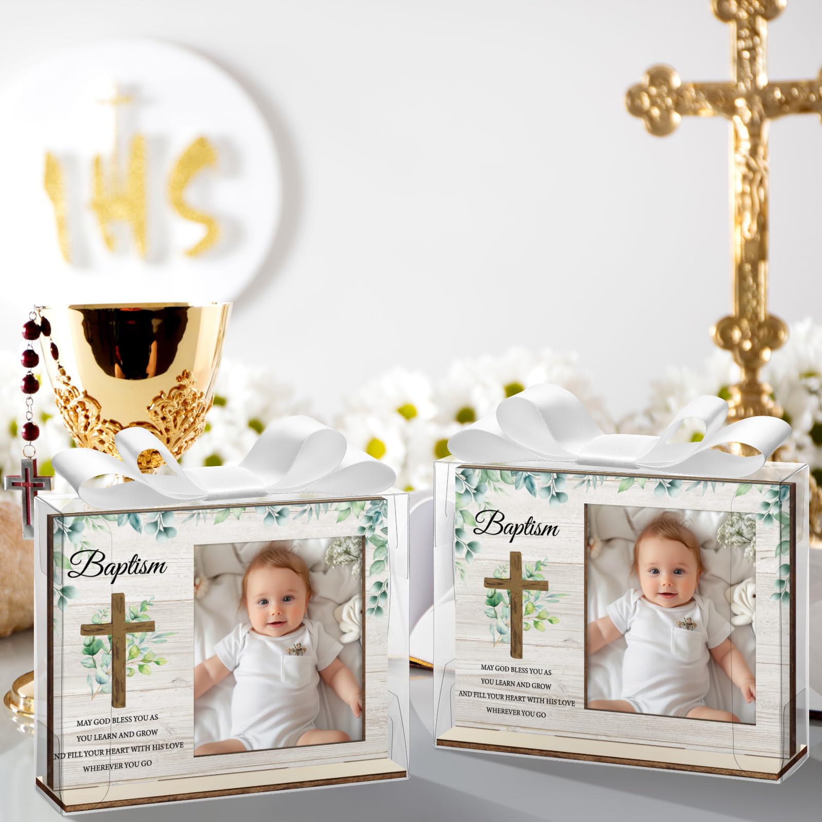 Vercraft Bilderrahmen zur Taufe, katholische Taufgeschenke, Holz-Bilderrahmen, Babyparty, Gastgeschenk mit transparenten Kunststoffboxen und Satinband-Schleifen für religiöse Erstkommunion, 12 Stück