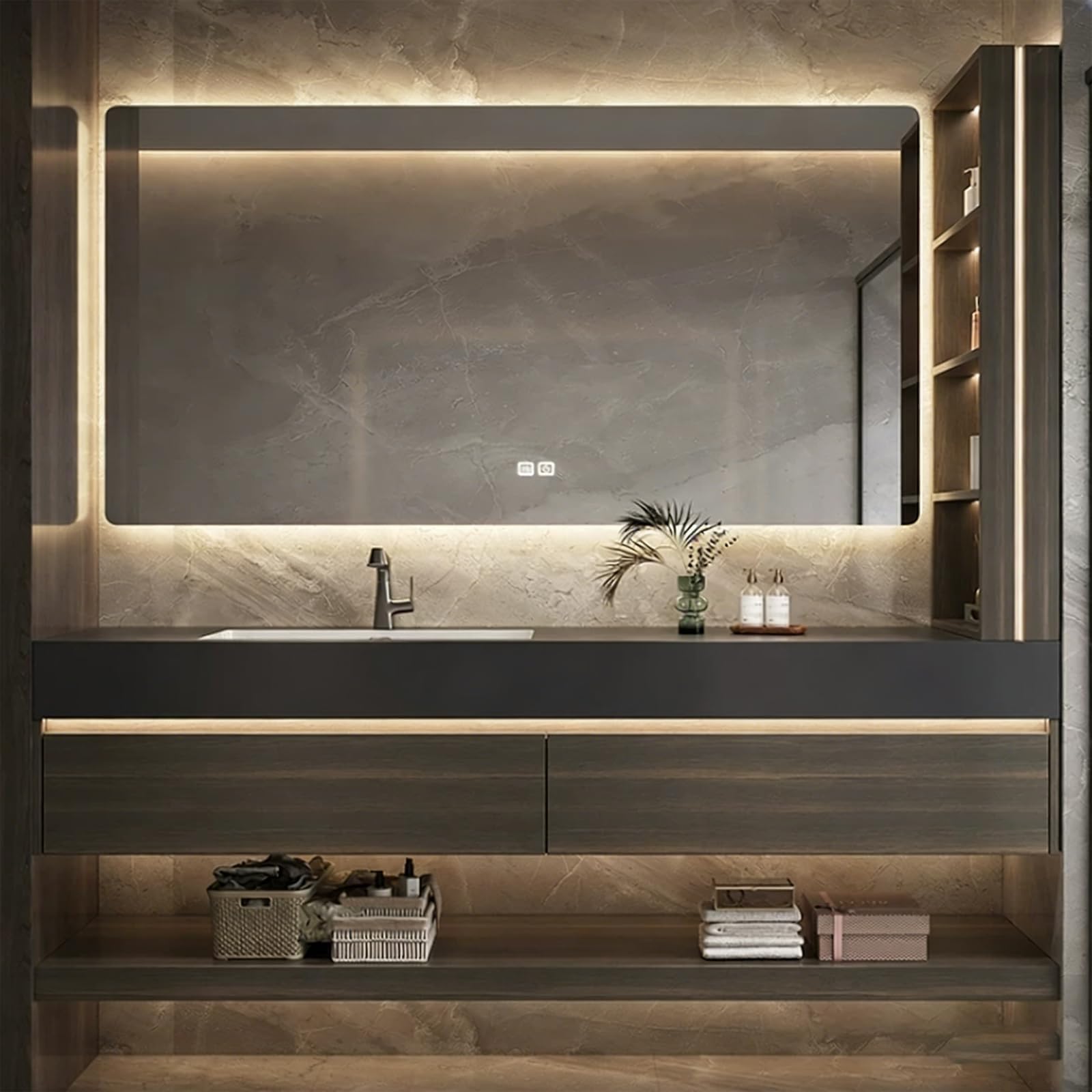 48IN Bathroom Vanity with Sink - Solid Wood Bathroom Vanity with Smart Defog Mirror and Side Cabinet Storage, Sink Cabinet with Multiple Storage Areas & Seamless Sink, Brown