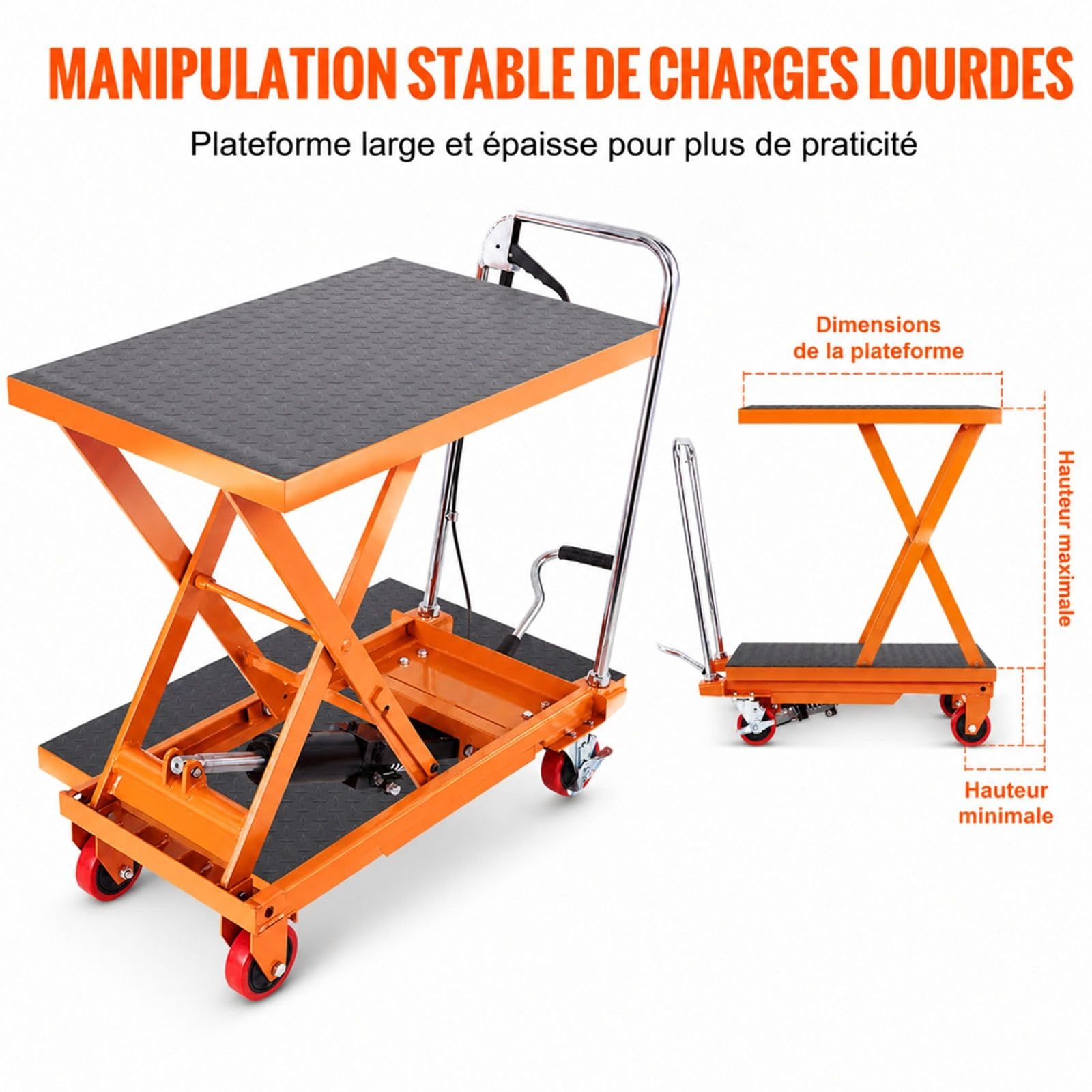 Chariot à table élévatrice hydraulique manuel orange, structure à ciseaux simples en acier Q235, charge 230 kg, 4 roues pour atelier et entrepôt