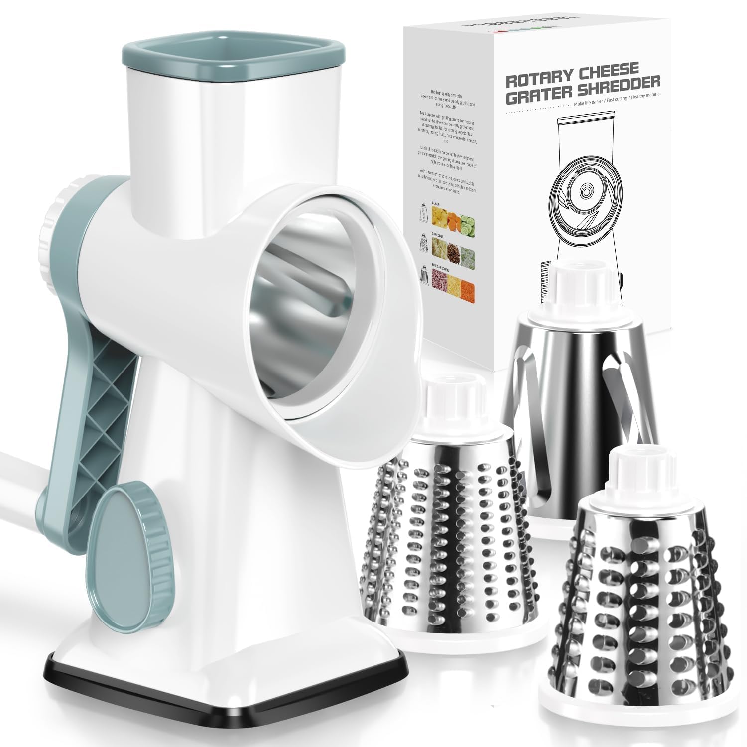 KEOUKE Käsereibe Mit Kurbel Trommelreibe Reibe Mit Griff Gemüse Käse Shredder Slicer Reibe Für Küche 3 Wechselklingen Für Käse Kartoffel Zucchini Nüsse Schokolade (Weiß - Blau)