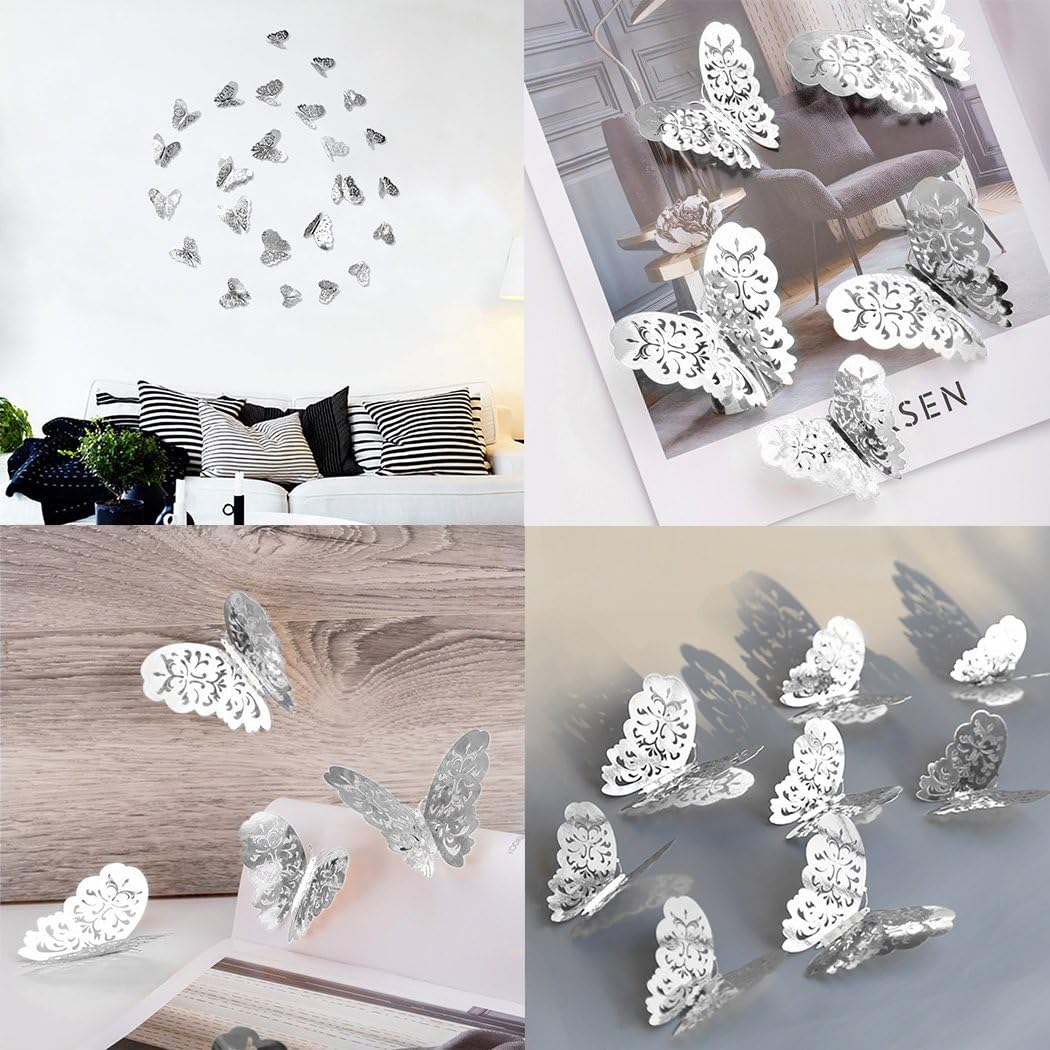 48Pcs Butterfly Decorations, Creatiee 3D Wall Decals|Metallic Art Sticker, DIY/Handmade/Removable/Pressure Resistance Paper Murals Gift for Home Kids Bedroom Nursey Party Décor (Silver)