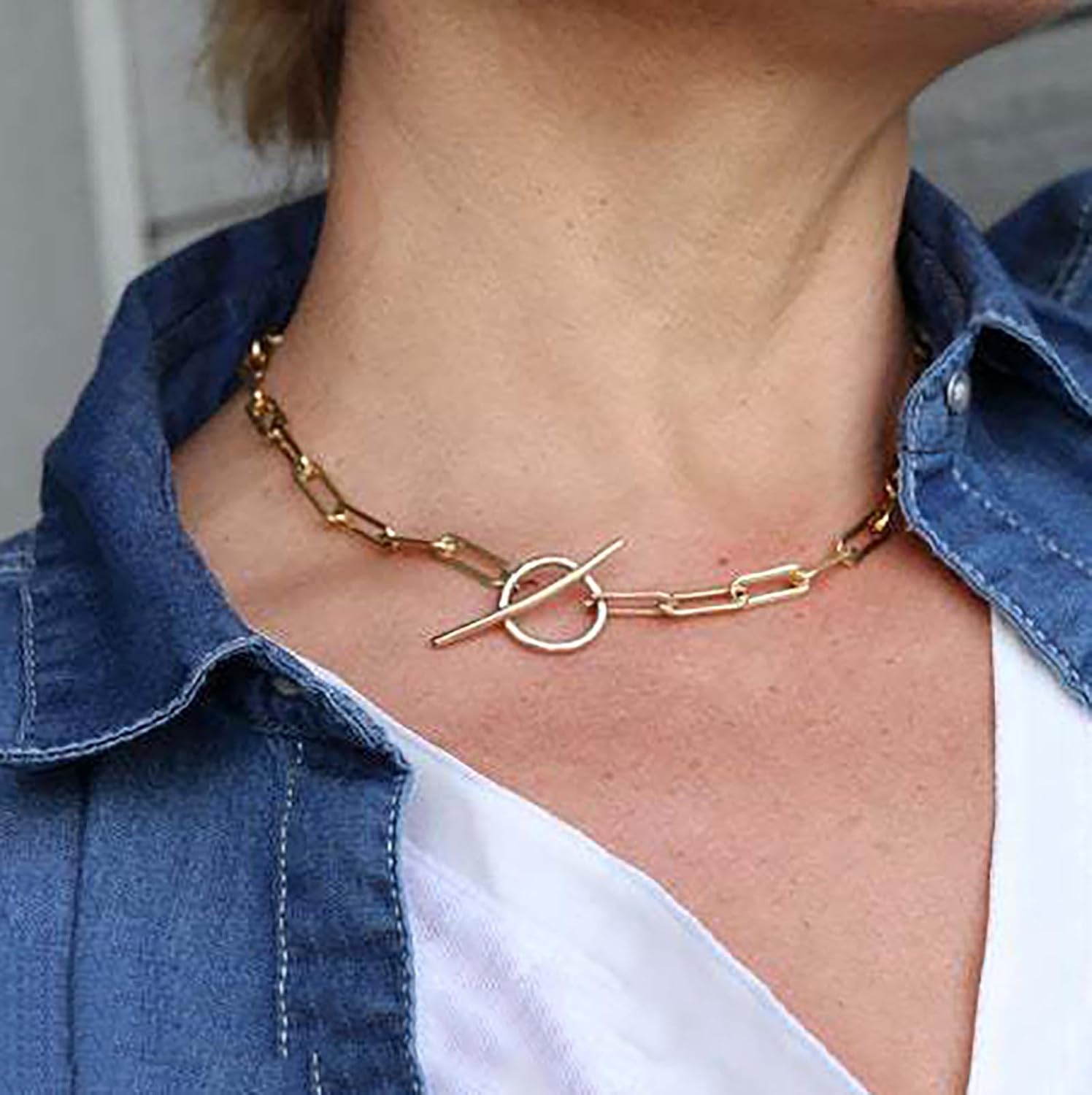 Boho Paperclip Toggle Clasp Necklace Gold Paperclip Link Chain Necklace Vintage Paperclip Choker Toggle Necklace Statement Toggle OT Bar Necklace - Image 6