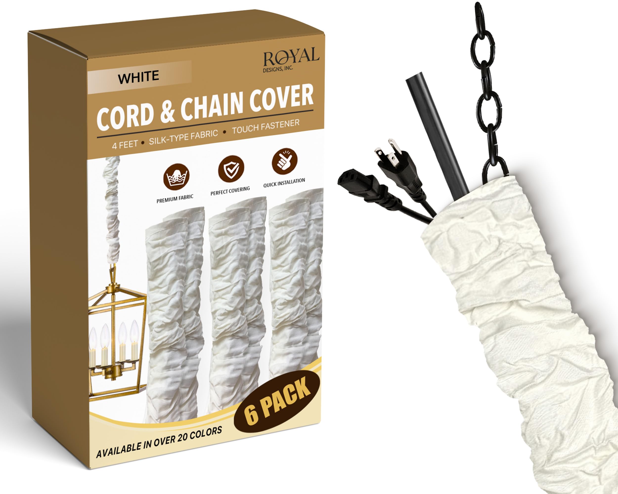 Royal Designs, Inc. Cord &amp; Chain Cover 4 ft Silk Type Fabric, Chandelier Pendant Lighting Chain &amp; Cable Management, Touch Fastener, White - 6 Pack