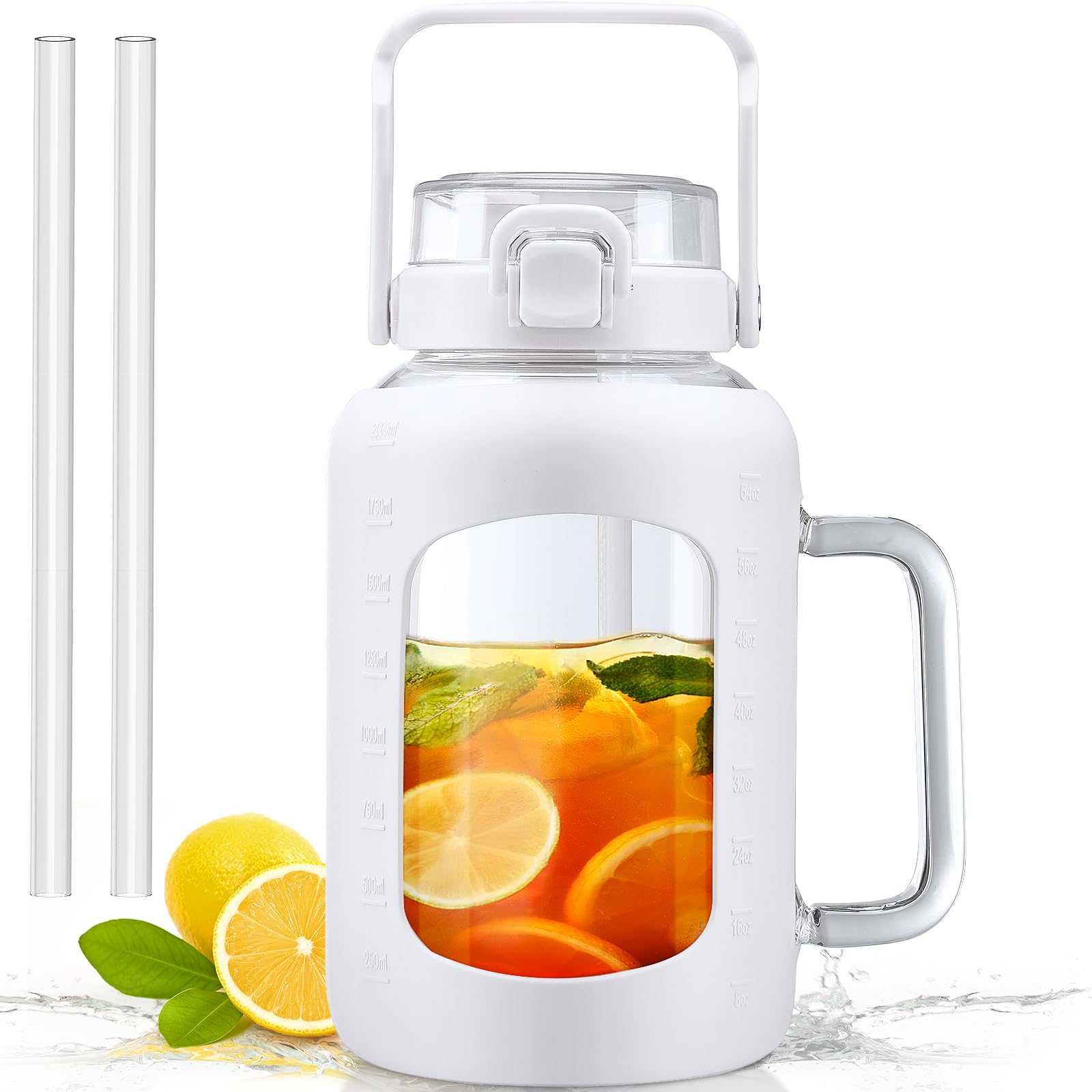 HYDRAGLAZIC 2 Liter Glass Water Bottle with Handle 2L Glass Tumblers with  Straw and Lid Motivational Sports Water Jug with Time and Capacity Marker  Leak-proof, White - BigaMart