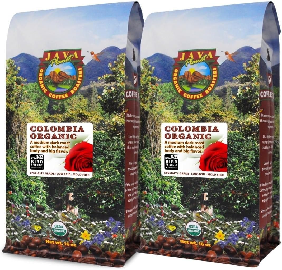 Low Acid Organic Coffee – Whole Bean, Mold-Free & Stomach Friendly by Java Planet, Colombian Single Origin, Medium Dark Roast, Smooth Full Flavored, 2x1LB Bag