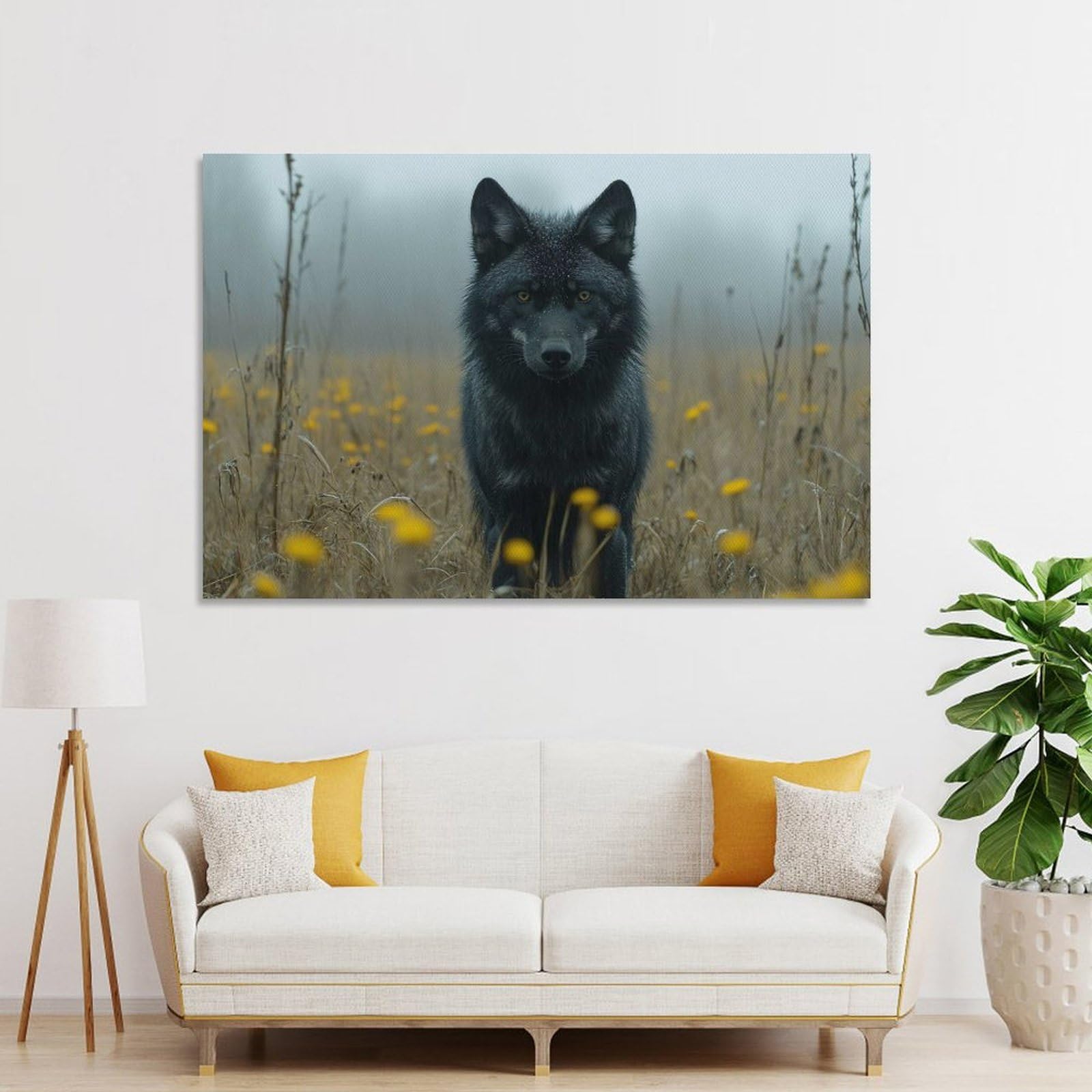 Junmoney Unframe-Style-2 Black Wolf In Meadow Wall Art Print 24X36inch(60X90cm), For Lounge, Study, Hallway Or Flat Walls, Decorative Artwork With Broad Appeal