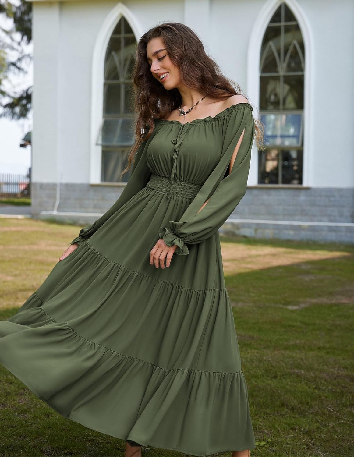Scarlet Darkness Women Renaissance Off Shoulder Split Sleeve Smocked Waist Tiered Maxi Dress - Image 7