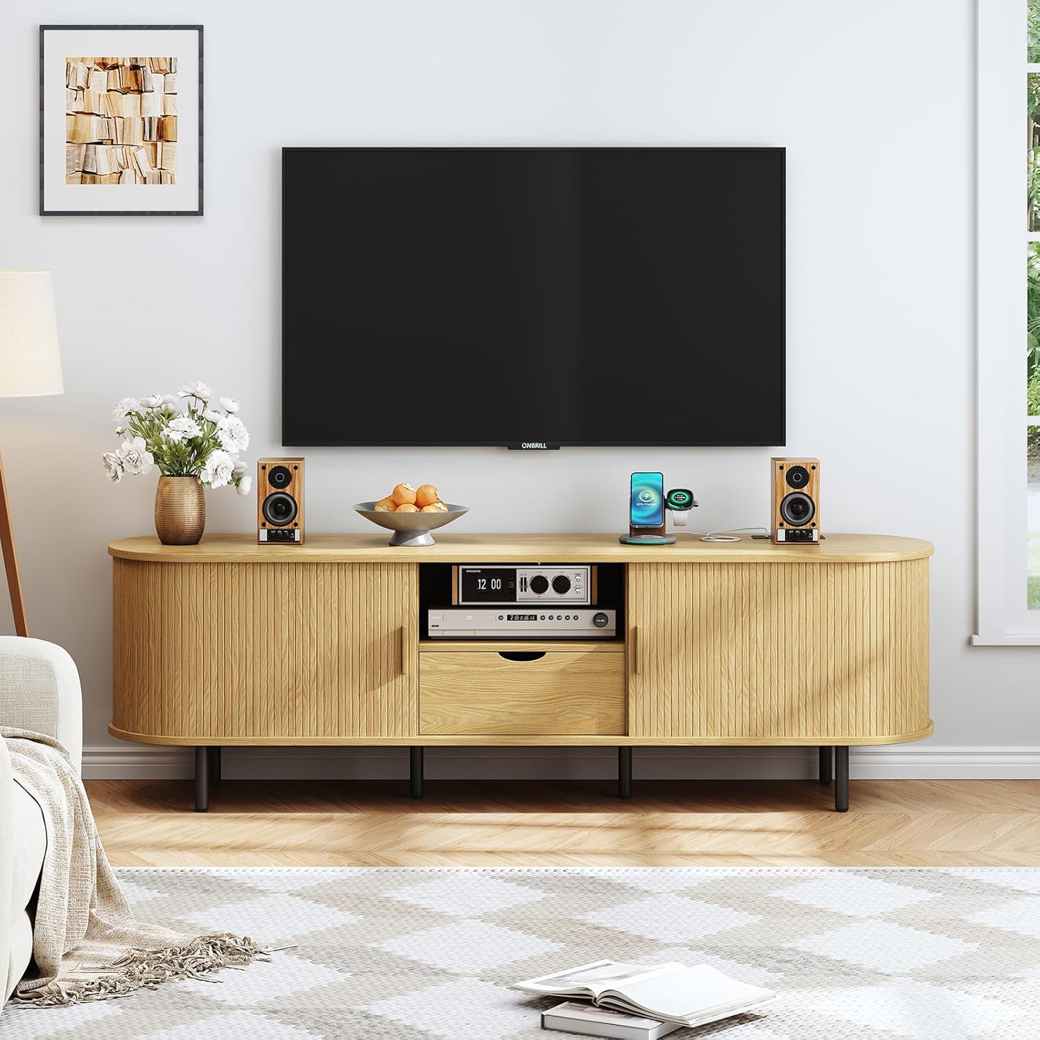 ONBRILL 69" TV Stand with Power Outlet for TVs up to 80", Entertainment Center with Storage and Drawer, TV Console with Adjustable Shelves and Sliding Door, TV Stand for Living Room, Bedroom, Oak