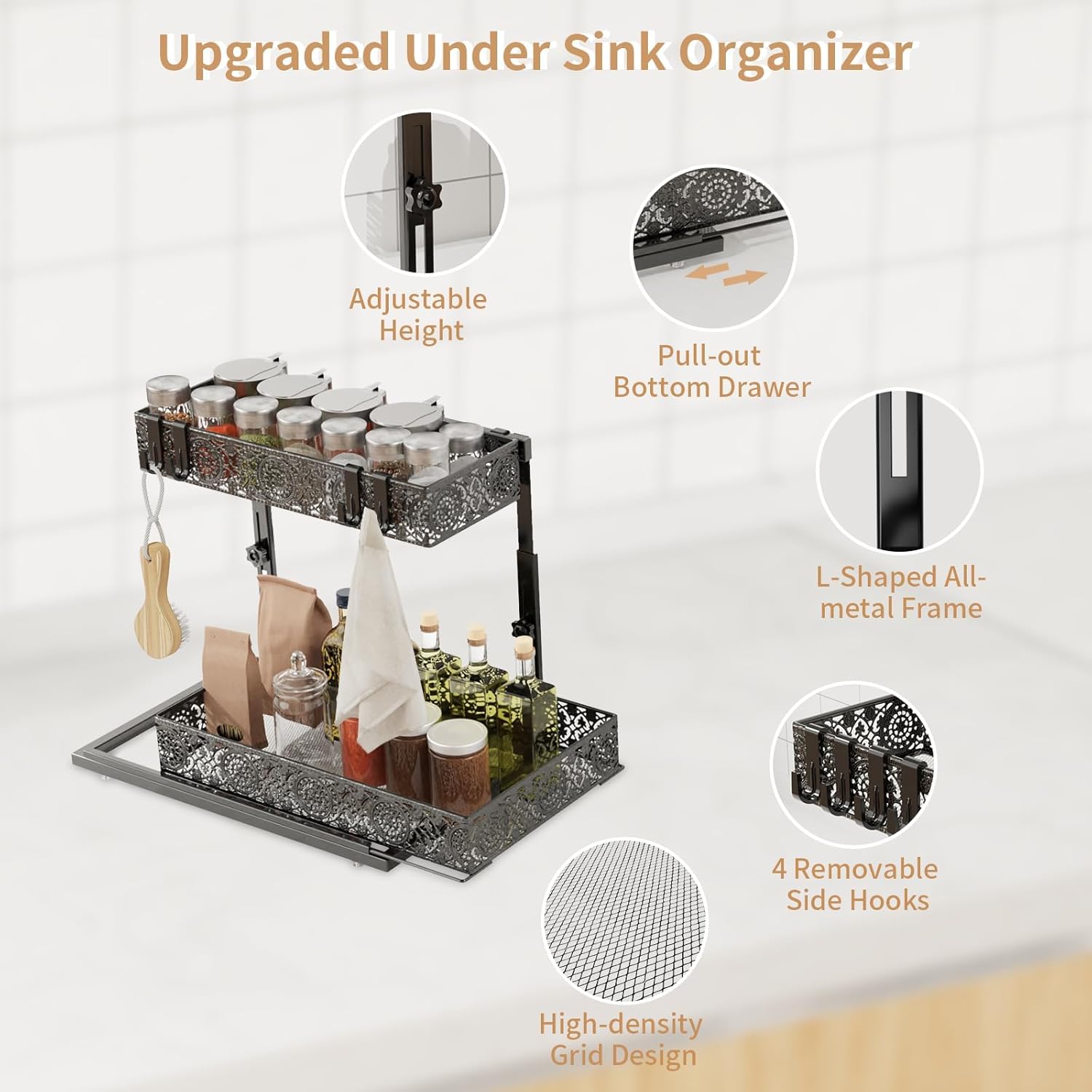 Under Sink Organizer and Storage, Height Adjustable 2-Tier Under Sink Shelf with Sliding Drawer and 4 Hooks, Metal Multi-Use Cabinet Under Sink Storage for Bathroom and Kitchen (Black)