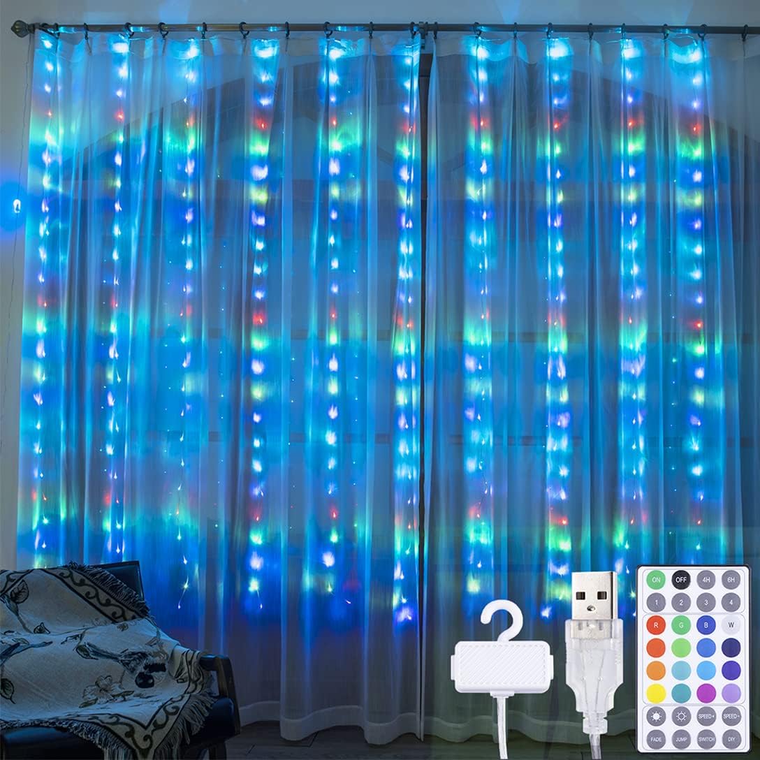 koopower Curtain Lights 9.8 x 10.8ft 300 LEDs 16 Colors Changing USB Plug in Windows Lights 8 Modes with Remote for Wedding Party Home Bedroom Wall Decor