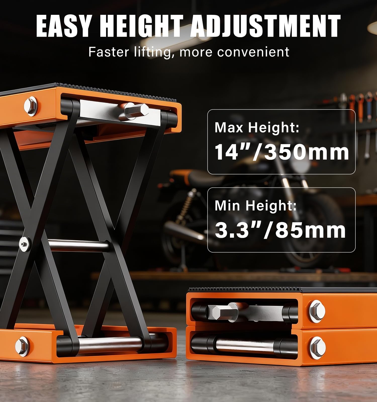 Sollevatore a forbice per moto, 500 kg, capacità 150%, portata 85 mm-350 mm, tavolo di sollevamento portatile per moto, ATV, scooter, moto da cross, con accessori opzionali