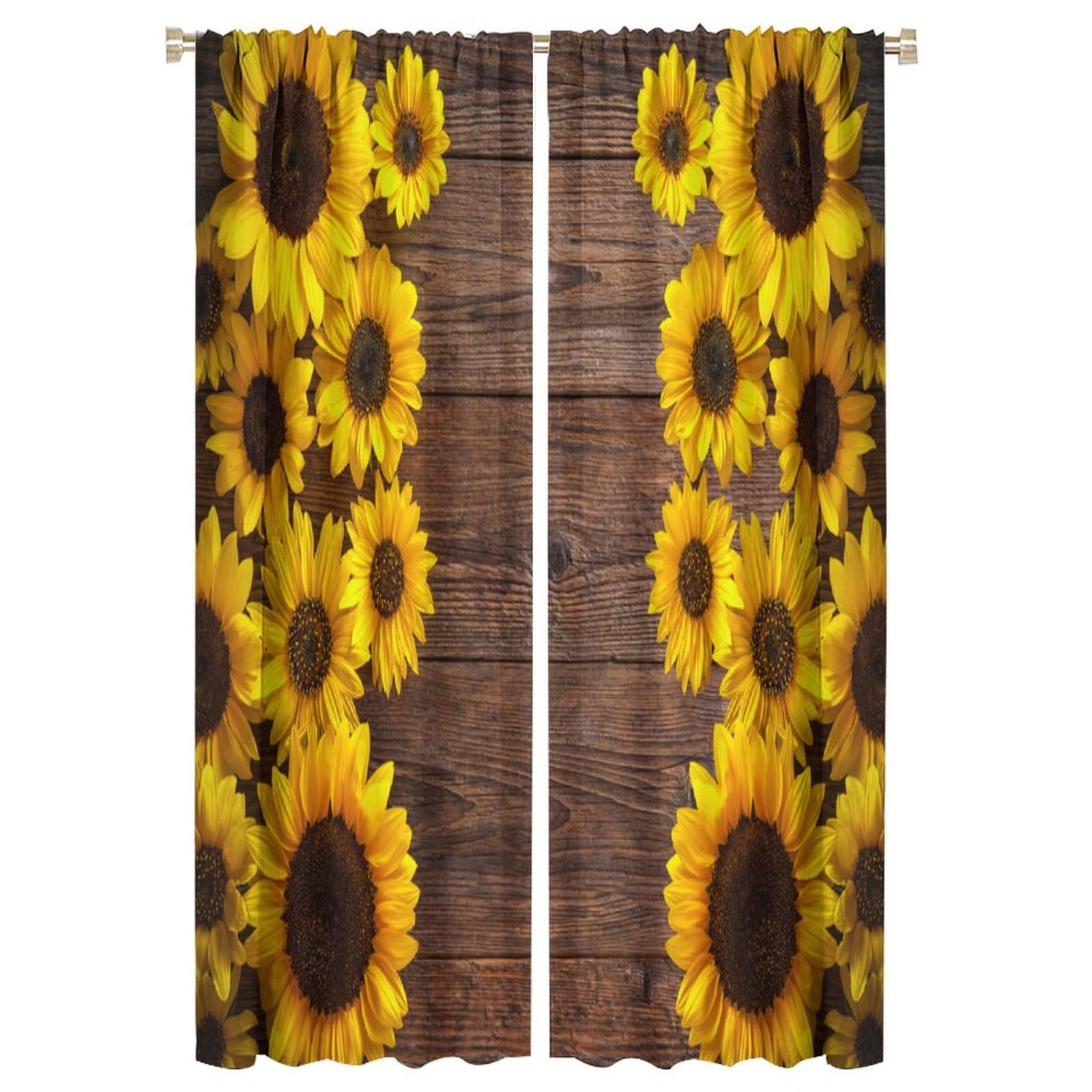 BenYaSong Rustic Sunflower Kitchen Curtains, Farmhouse Yellow Floral Vintage Boho Flower for Home Kitchen Livingroom Coffee Room Window Curtain Drapes 2 Panels 42x63in