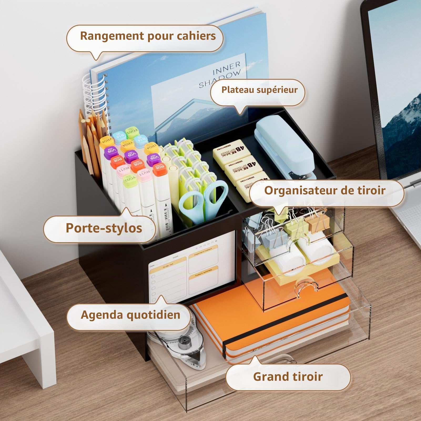 Marbrasse Organiseur de Bureau avec 3 Tiroirs,Porte-Crayons de Grande Capacité pour Bureau Rangement,4 Compartiments Accessoires Organiseur,Maison L'école(Noir)