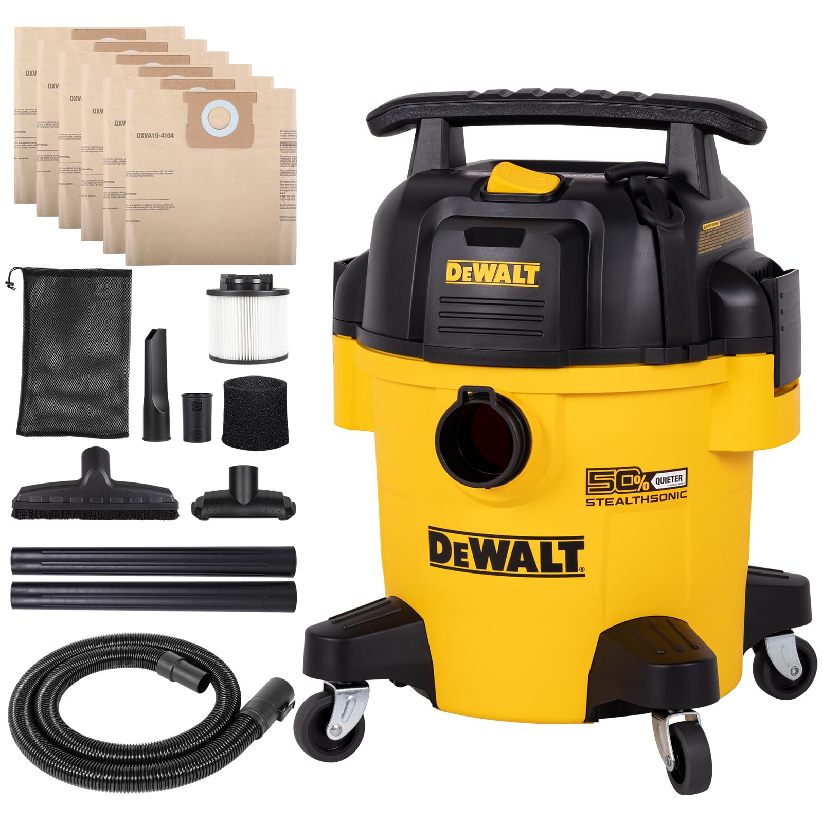 DEWALT Stealthsonic Shop Vacuum Wet Dry, 5 Gal 4 HP Ultra-Quiet Shop Vac with Complete Accessories and 6 Dust Bages, Powerful Vacuum Cleaner ideal for Home, Jobsite, Workshop, Garage, Car DXV05P-QTA