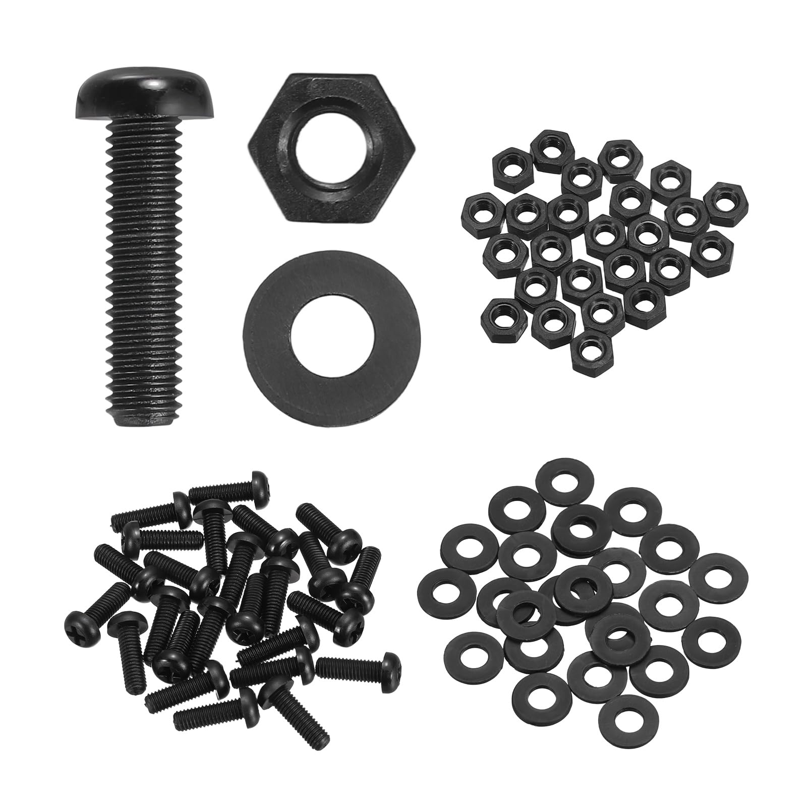 sourcing map 25 Set M5x20mm Nylon PA66 Plastic Cross Round Head Screw Phillips Bolts Hex Nuts Flat Washers Assortment Kit, Metric Full Thread Bolt Fasteners for DIY Machine Assembly, Black — image 1