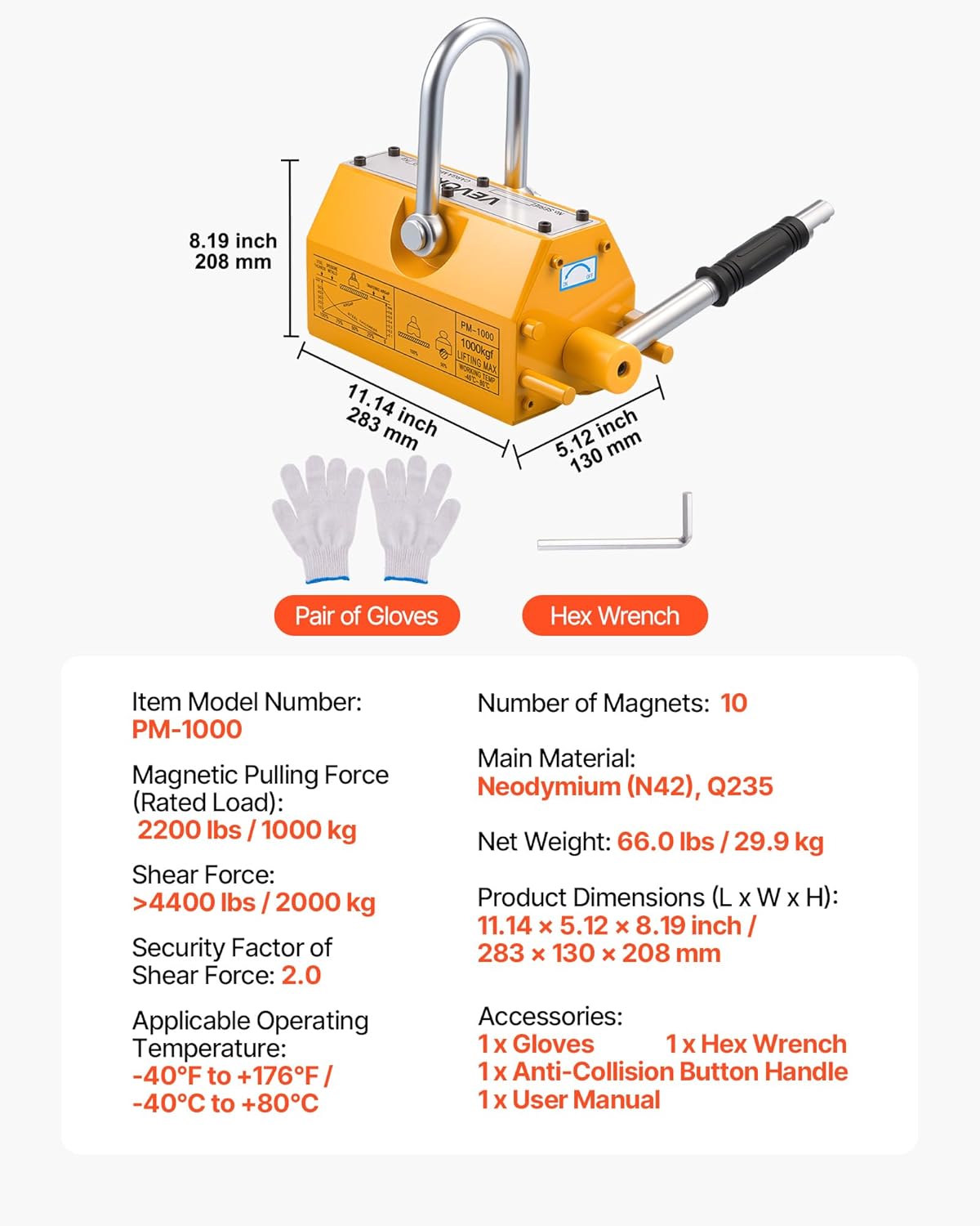 VEVOR Permanent Magnetic Lifter, 2200 lbs Pulling Capacity, Heavy Duty N42 Neodymium Lifting Magnet with Release Handle and Steel Hook, Used in Shop Crane and Hoist, for Lifting Plate Steel, Board
