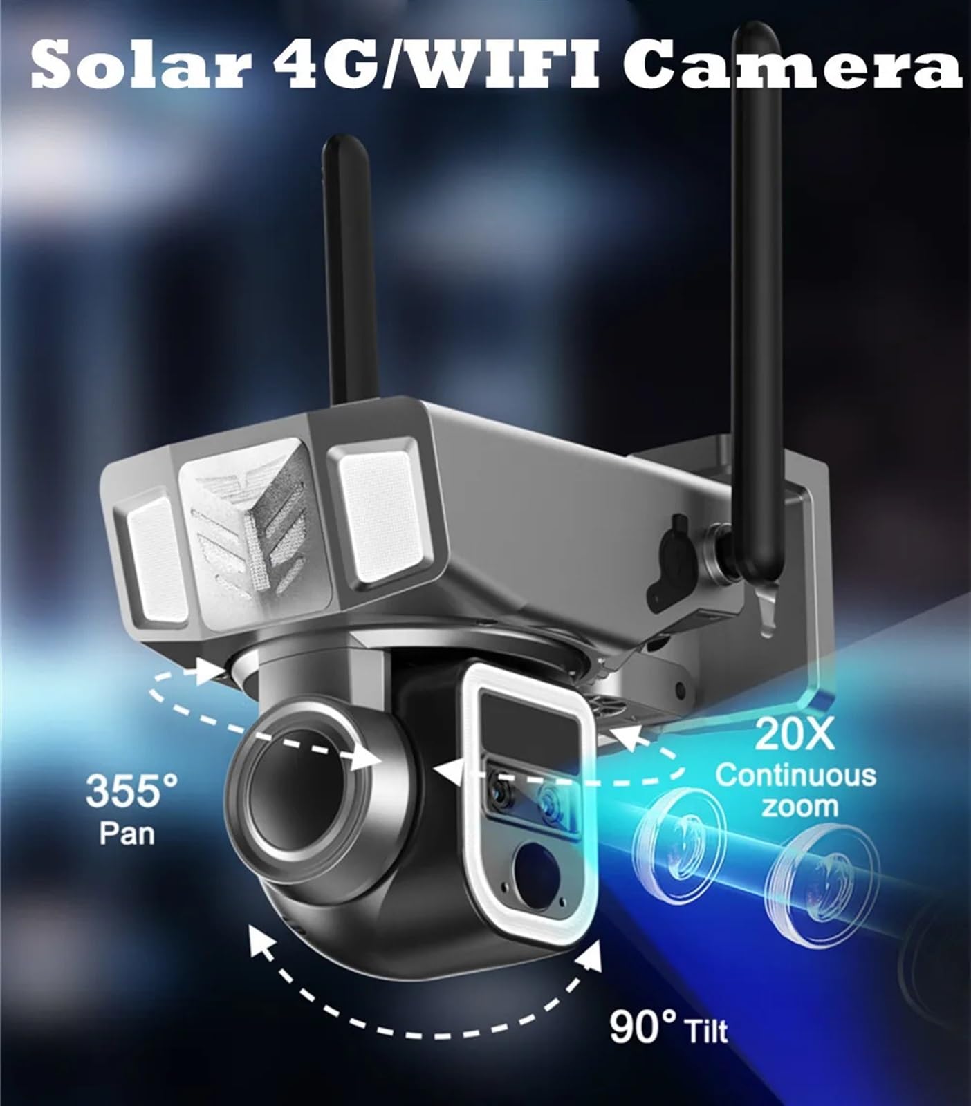 Cámara de Seguridad, Cámara Solar 2 en 1 4G y de Doble Pantalla for Exteriores, 4MP, Tres Lentes, detección PIR Dual, Zoom 10X, cámara CCTV Seguimiento automático(4G WiFi 32GB Card)