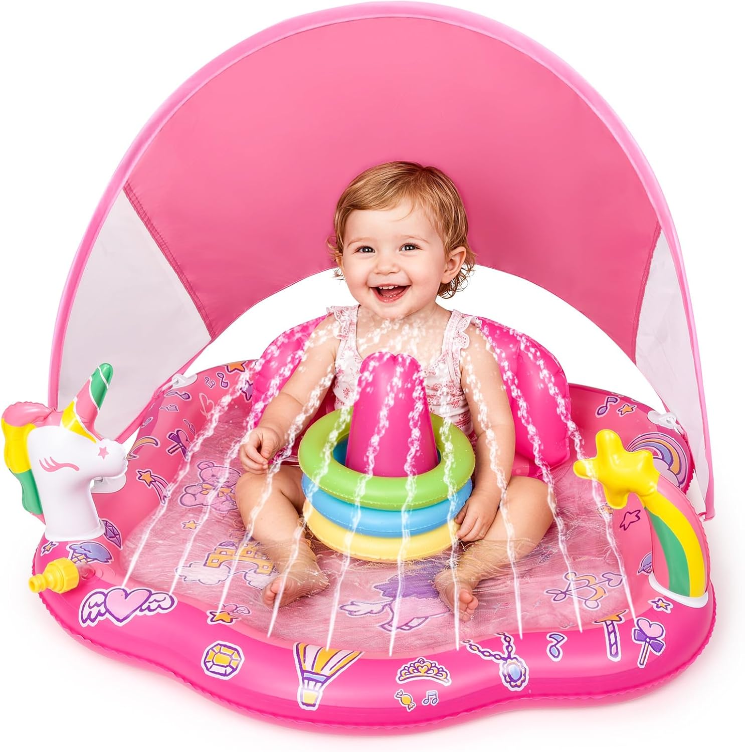 Inflatable Baby Pool Float with Canopy & Backrest, Baby Splash Pad with Stackable Rings Game, Baby Splash Mat for Garden, Beach and Backyard (Blue)