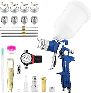 HVLP Lackierpistole Spritzpistole 4 Düsen 1,4mm 1,7mm 2,0mm 2,5mm H-827 Profi Farbsprühsystem Spraypistole Farbspritzpistole mit 600ml Plastikbecher und Druckmessgeräte
