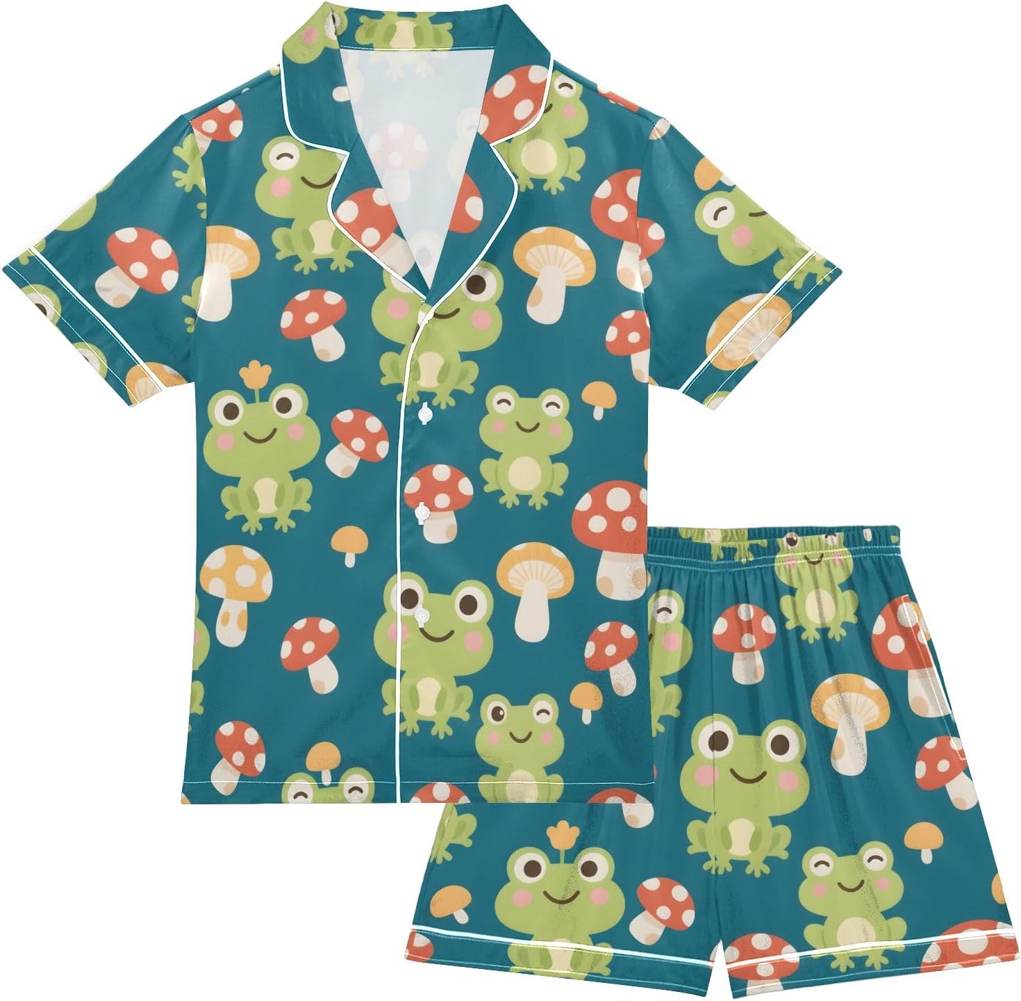 Kids Satin Wear Set Frog Mushroom Pattern Relaxed Fit Clothing Short Sleeve and Shorts
