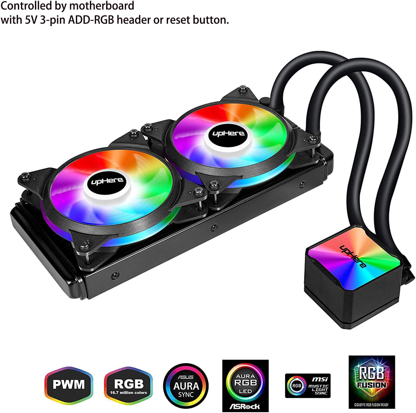 upHere 240mm High Performance All-In-One RGB LED CPU Liquid Cooler with Adjustable 2 * 120mm PWM Fan-Supports ASUS Aura Sync/GIGABYTE RGB Fusion/MSI Mystic Light Sync/AsRock Polychrome Sync-CC240RGB