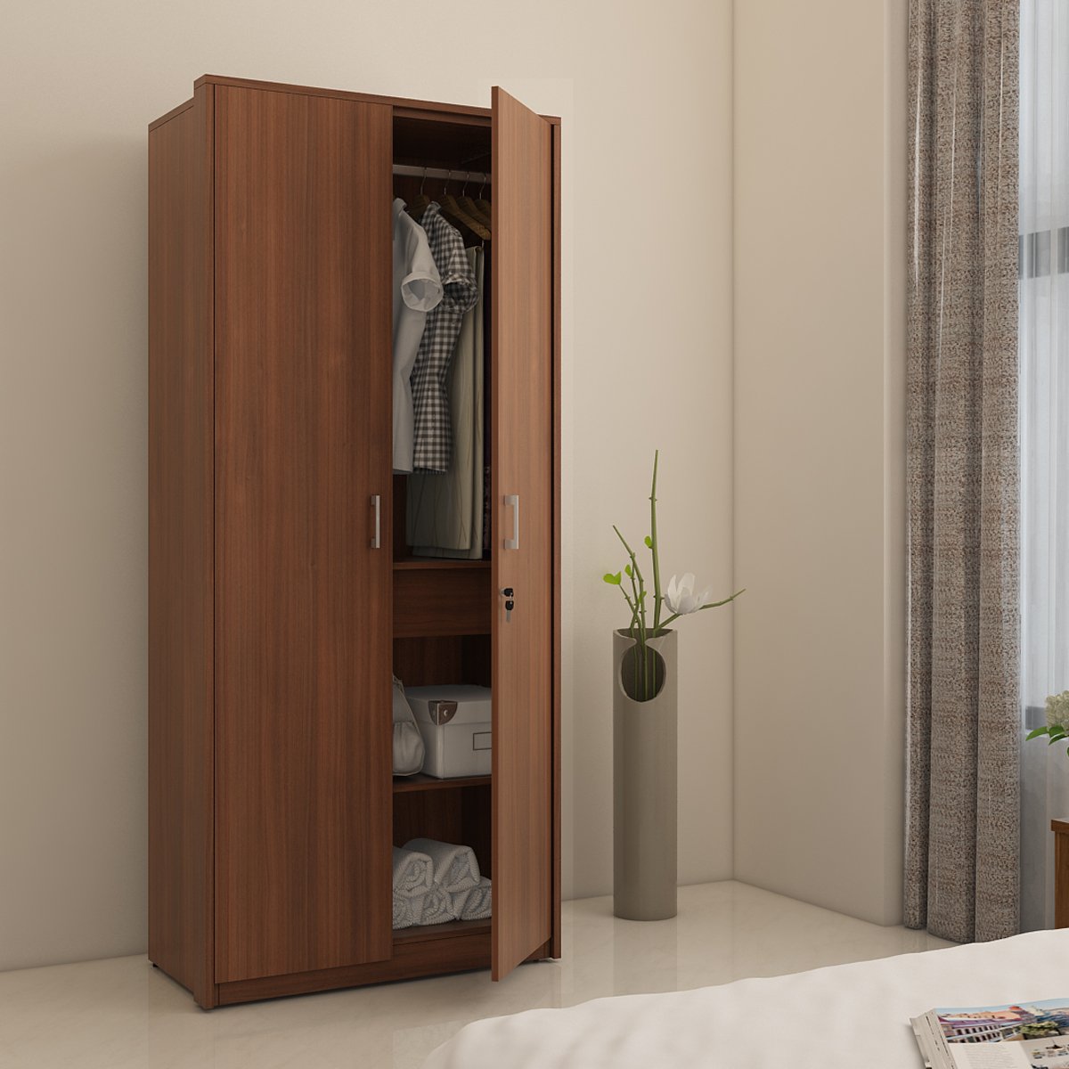 Spacewood Value Wardrobe | 3 Year Warranty | Almirah, Cupboard, Almari, 2 Door Wardrobe, 1 Drawer (1 Lock Drawer) and 1 Hanging Space|Engineered Wood| Walnut Rigato-picture-11