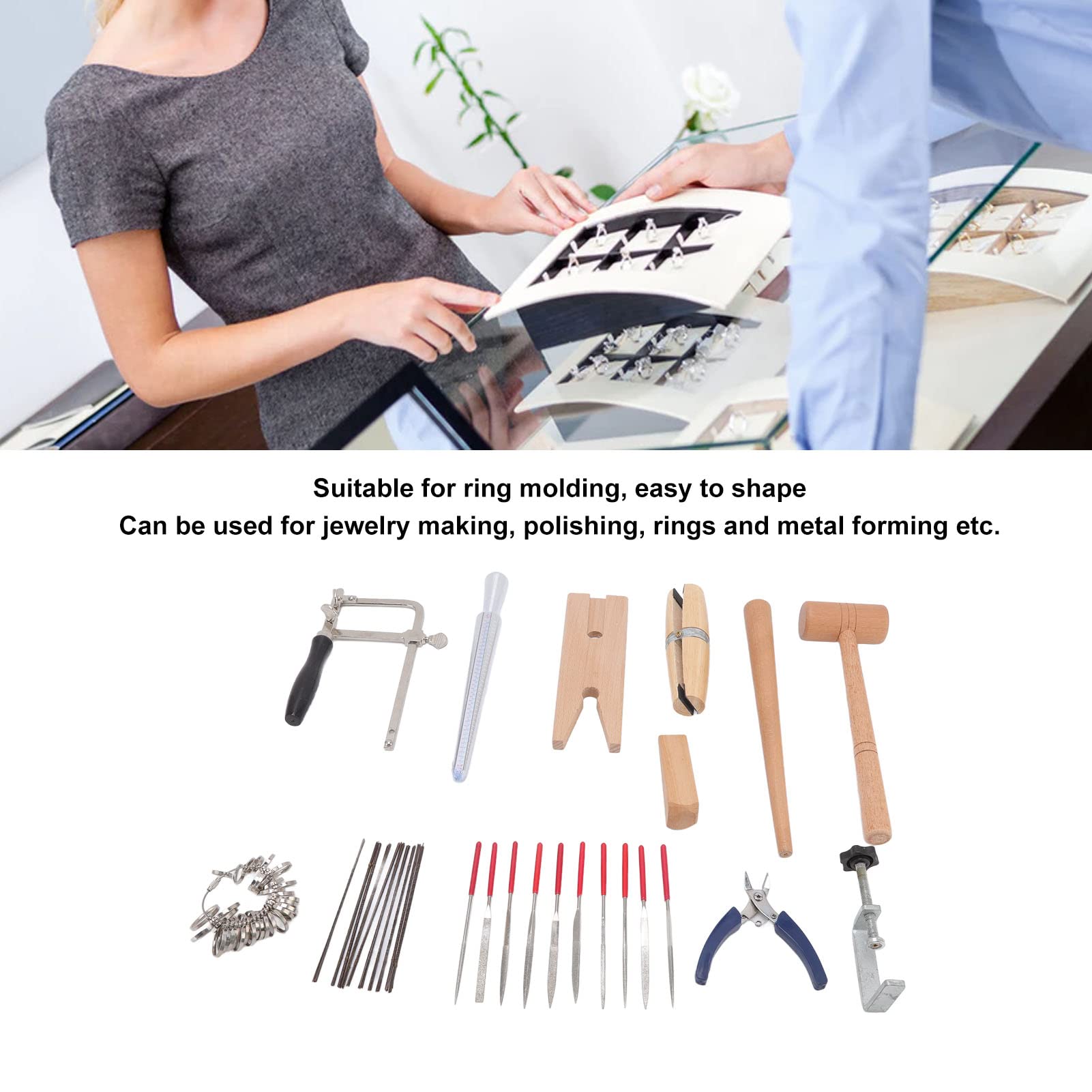 Ensemble d’outils de fabrication de bijoux, kit d’outils de bijouterie avec lame de scie pour bijoutier, ciseaux à fil, lime à aiguille, mandrin pour bagues, pour l’artisanat DIY