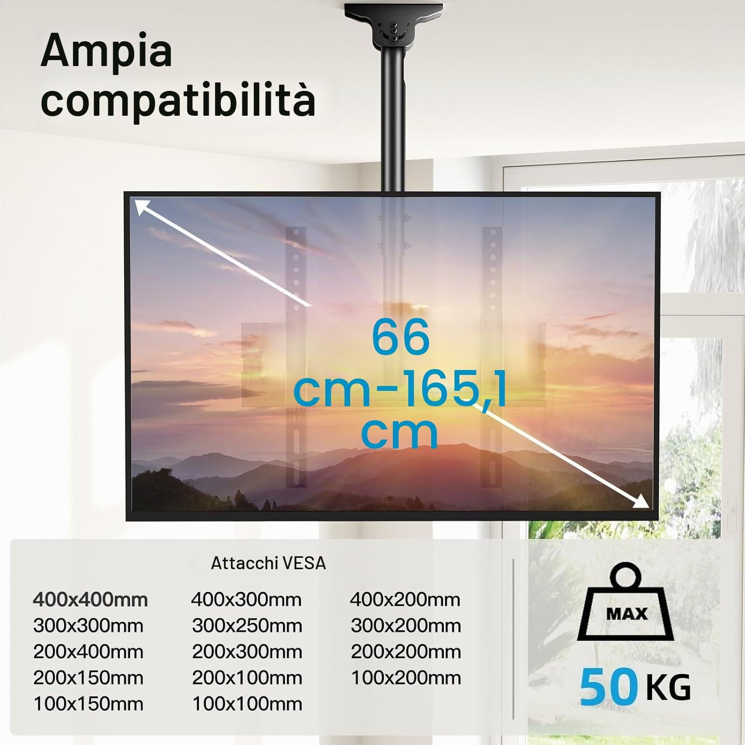 Supporto per TV da Soffitto Regolabile Girevole 26-65 pollici VESA 400x400mm 50kg