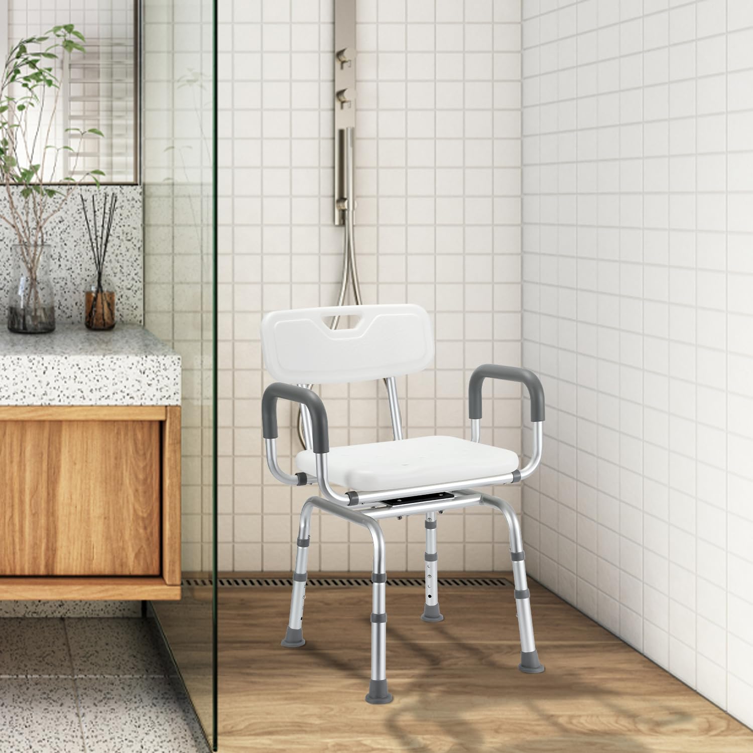Taburete de Ducha para Personas Mayores, Giratorio 360°, con Respaldo y reposabrazos, Altura Ajustable, 40-48 cm, Taburete de baño, Patas Antideslizantes, Estable para la Ducha