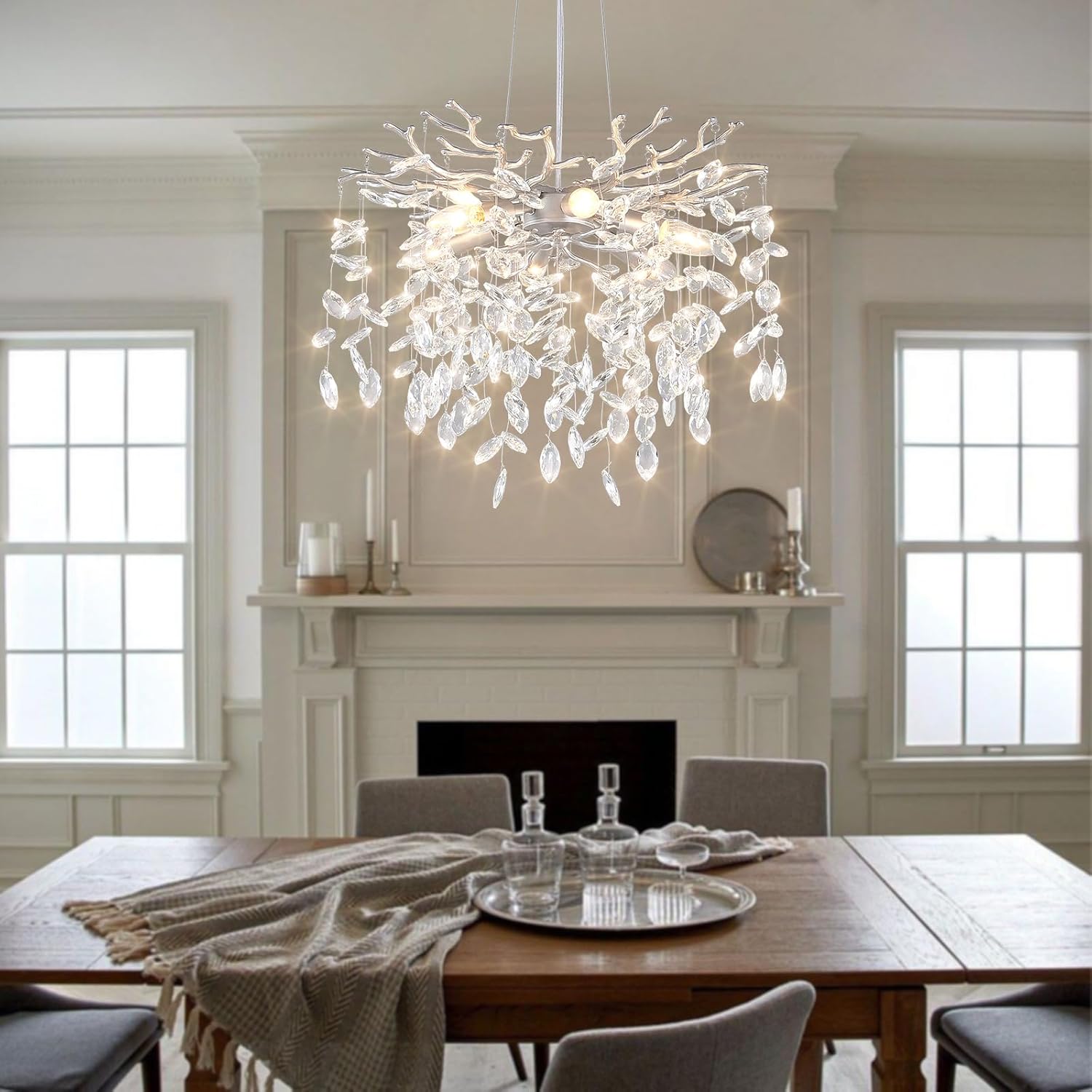 EGM 18-Inch Silver Crystal Chandeliers for Dining Room, Modern Crystal Chandelier for Bedroom, 6-Light Silver Tree Branch Chandelier for Living Room, Raindrop Leaf Chandeliers for Home Décor, E12