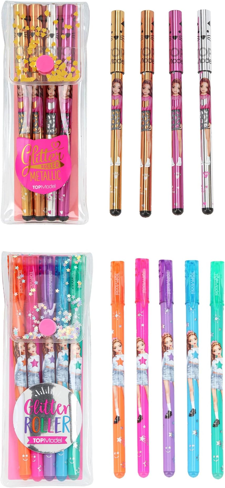 Set De 4 Bolígrafos De Gel Metálicos TOPModel – Colores Rosa Oro, Bronce, Plata Y Oro, En Estuche Transparente Con Cierre