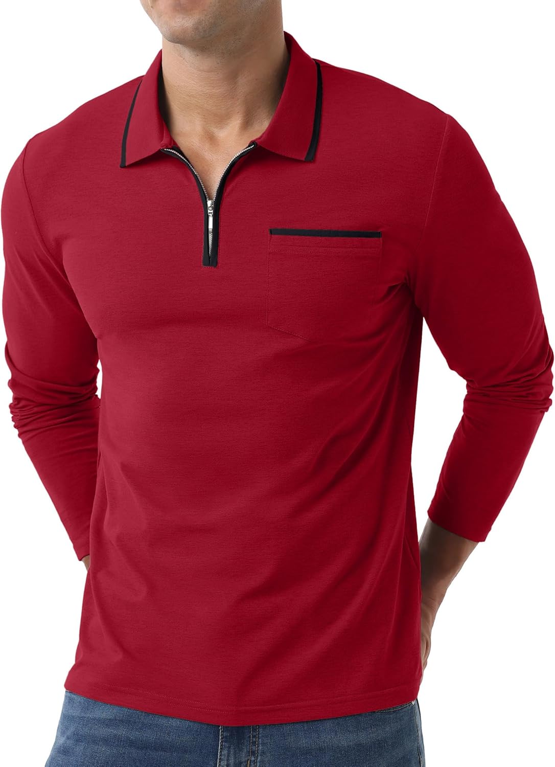 Askdeer Men's Polo Shirts Zip Long Sleeve Classic T-Shirts Casual Golf Shirts Stylish Collared Tee - Image 2