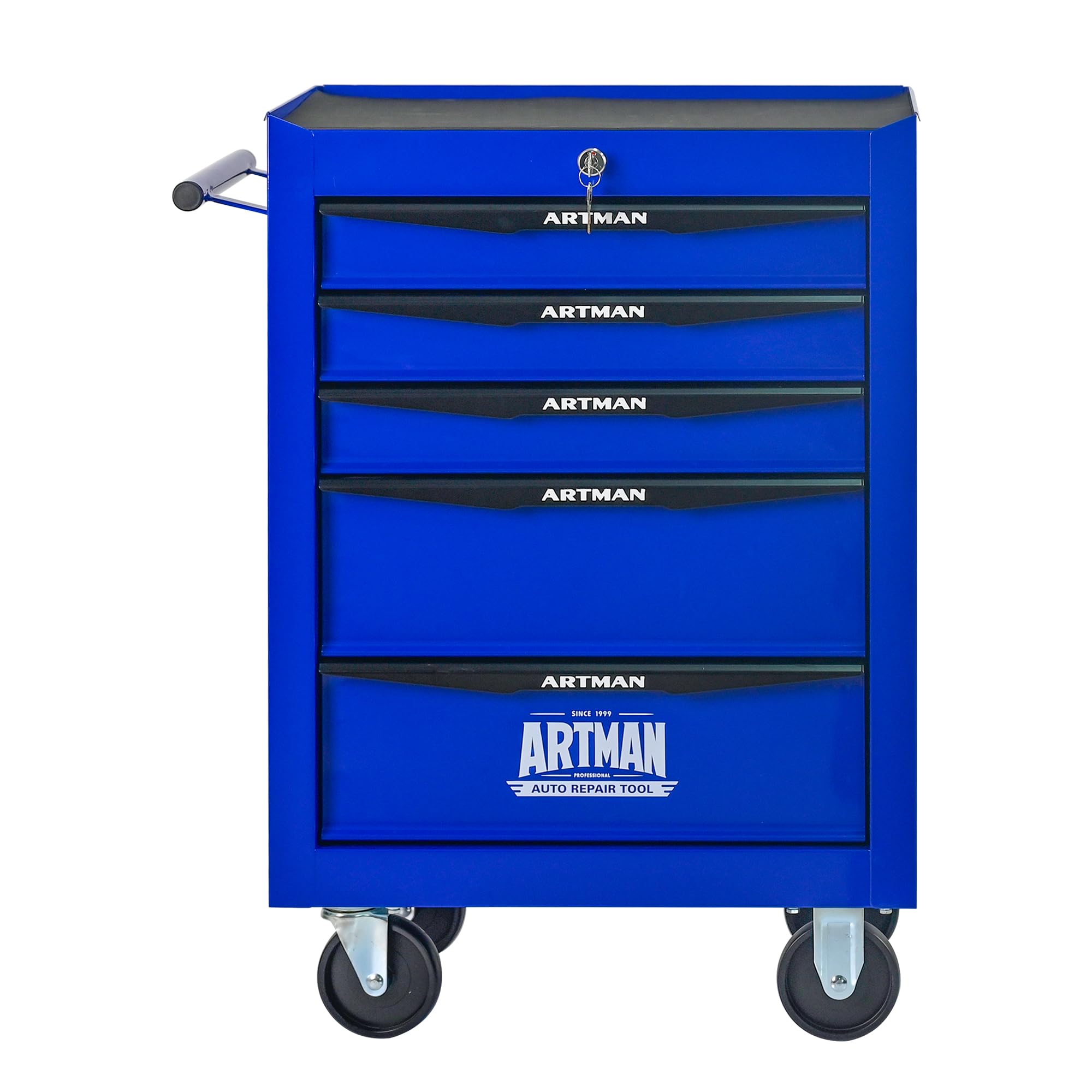 Generisch Robusto carrello portautensili con 5 cassetti con cuscinetti a sfera e 4 ruote girevoli, in acciaio, per garage e officina, colore nero/blu