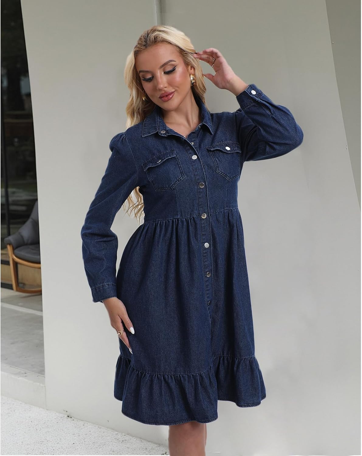 2025 New Fall Women's Dark Blue Long Sleeve Shirt Dress, Wrap Waist, Flounce Hem Denim Dress with Chest Pockets - Image 4