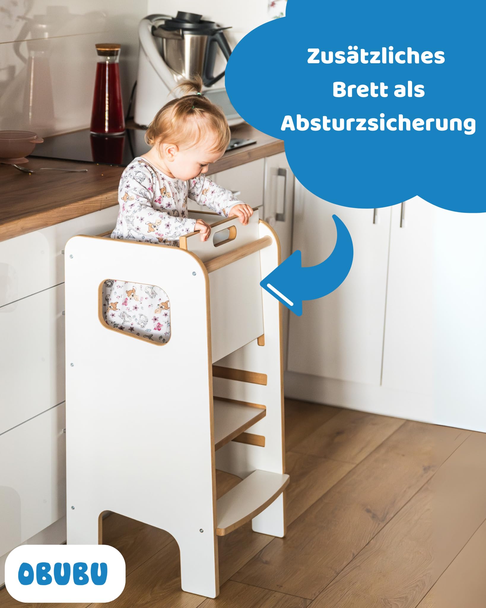 Montessori Lernturm für Kinder mit Riegel – weißer Küchenhelfer Tritthocker für Kleinkinder, sicher & geschlossen, mit Sicherheitsriegel, höhenverstellbar, Elternliebling, modern & stabil