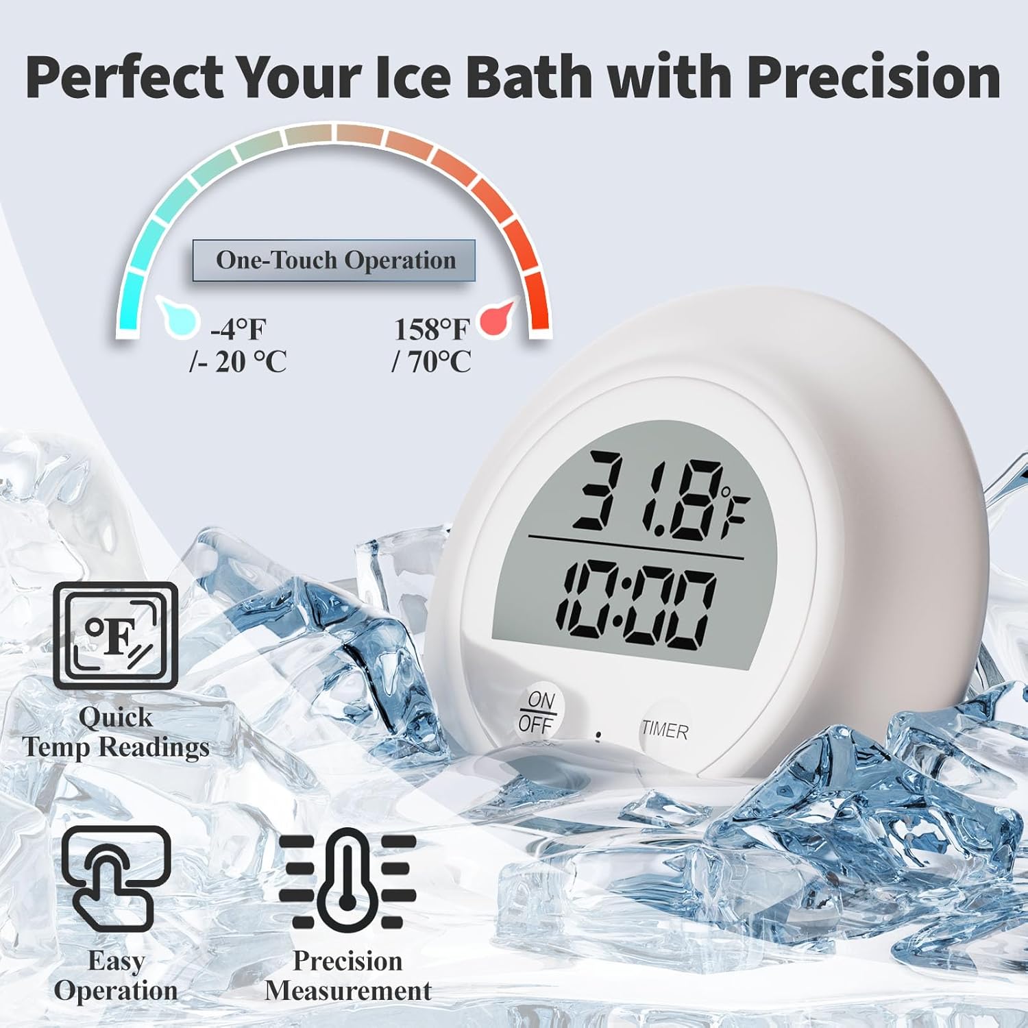 Silicone Cover Cold Plunge Thermometer with Timer, Waterproof Floating Water Thermometer for Ice Bath, Works with Ice Bath Tub Hot Tub Accurate Recovery(White)