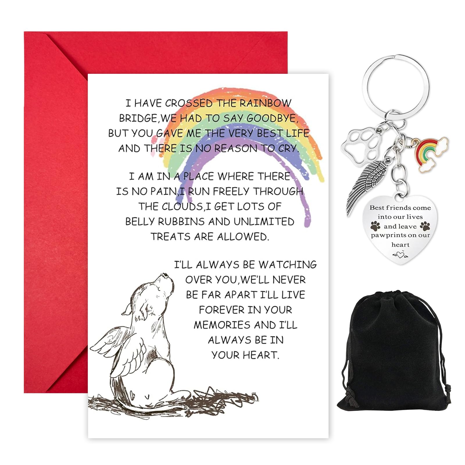 Pet Dog Memorial Gifts Sympathy Card Greeting Card with Keyring Loss of Dog Rainbow Bridge Pet Loss Bereavement Gifts Heartfelt Condolences Card and Keyring (B)