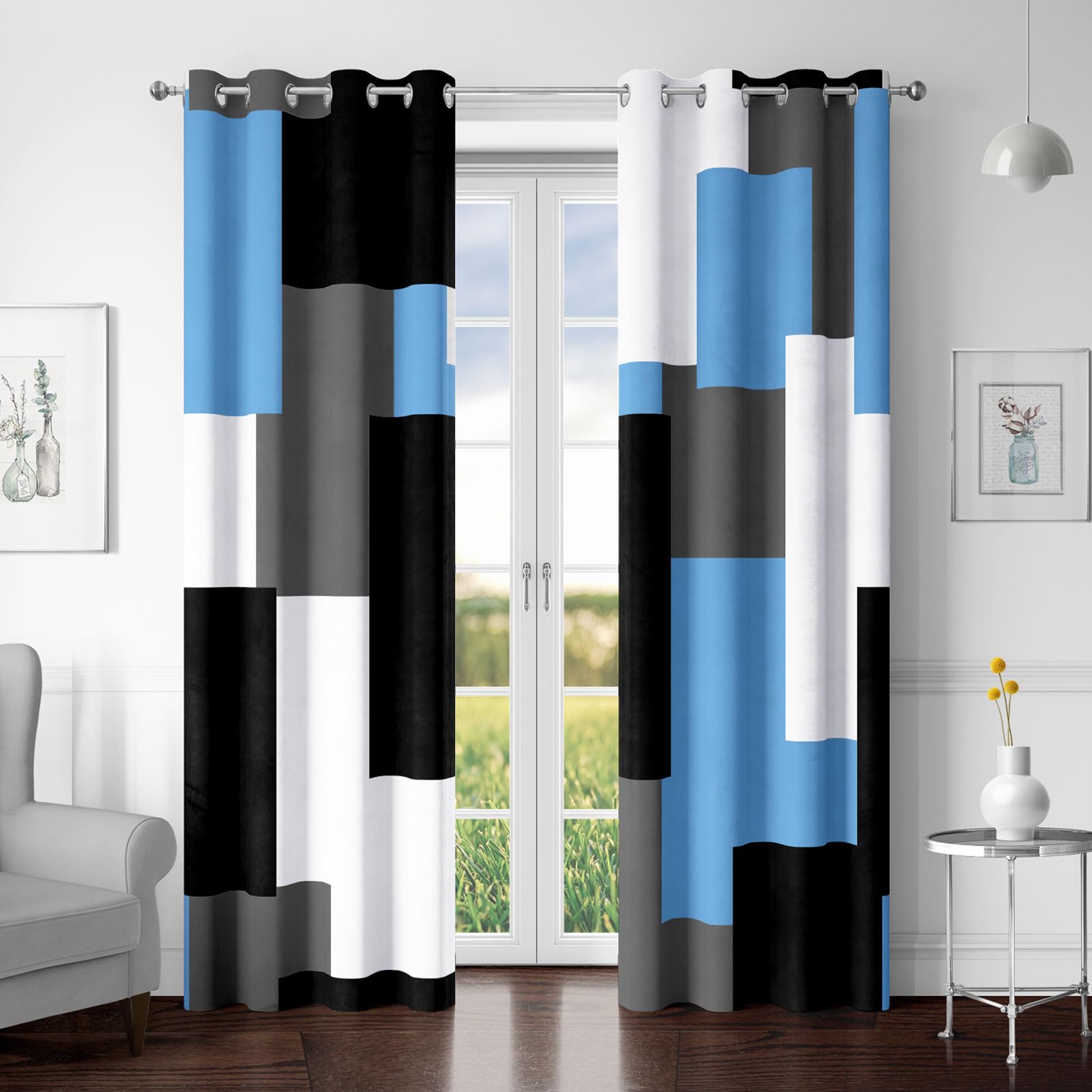 Tyrot Light Blue 100% Blackout Curtains for Bedroom 72 inch Length 2 Panels Set Grey Modern Abstract Geometric Black Out Curtains Insulated Room Darkening Window Drapes for Living Room, 52Wx72L โ image 1