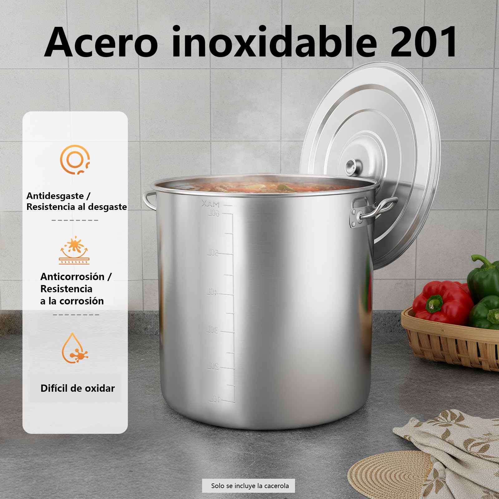 Olla grande de acero inoxidable de 70 L, con asas, diámetro de 45 cm, altura: 45 cm, tapa de fregadero, superficie pulida, olla grande de acero inoxidable para cocinas de gas, cocinas