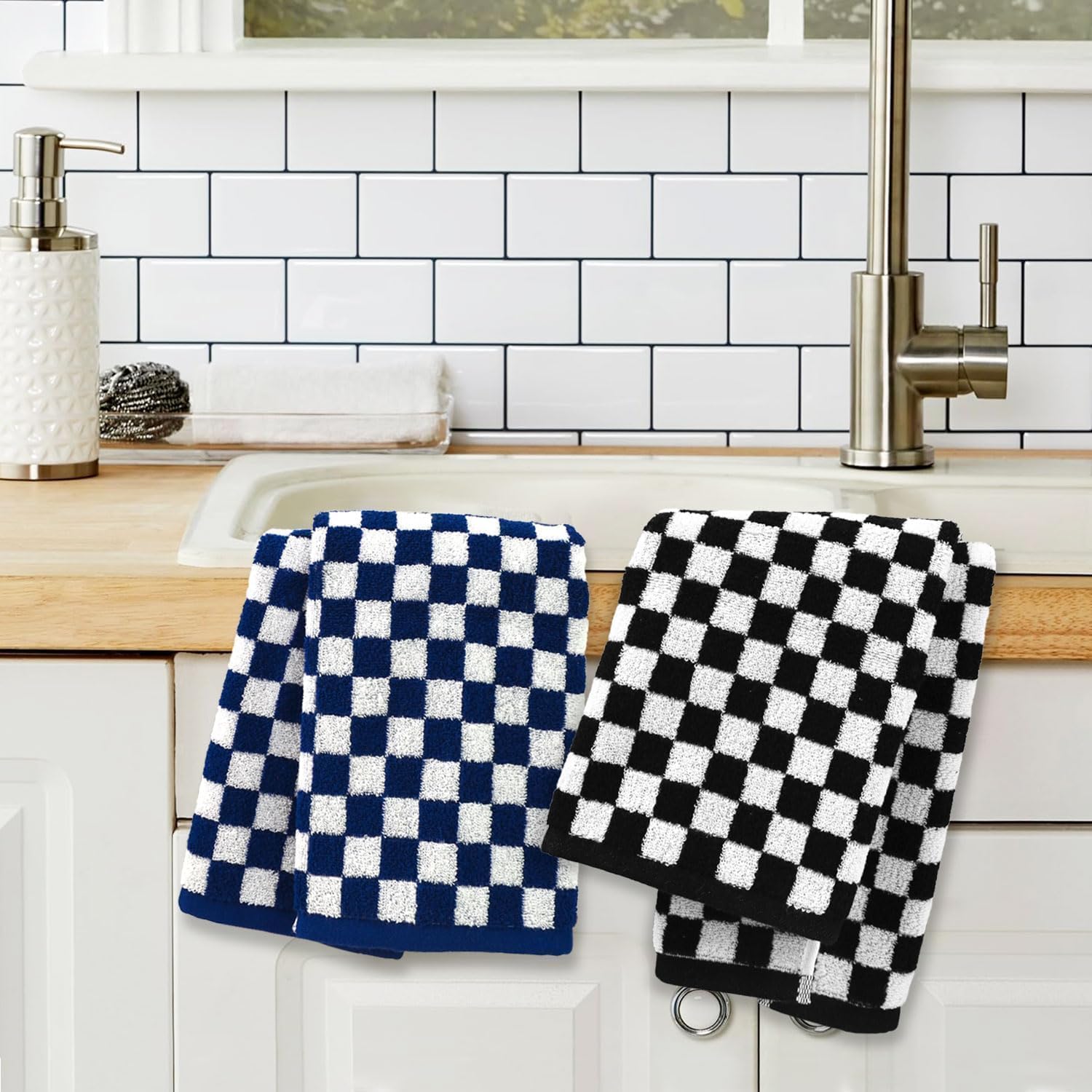 Jacquotha Hand Towels 4 Pack, Cotton Decorative Bathroom Hand Towel & Checkered Kitchen Decor, 13" x 29", Black, Hot Pink, Navy, Orange - Image 3