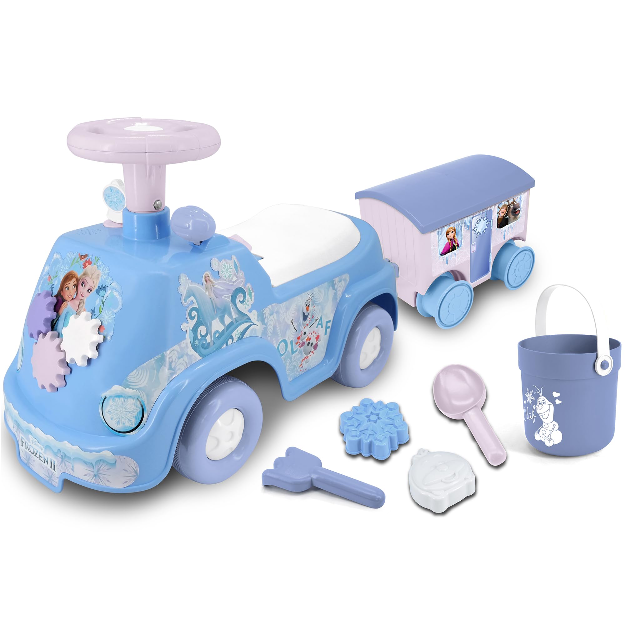 Kiddieland: Lights N' Sounds Camper & Trailer - Frozen - Disney Fuß-zu-Boden-Ride-On, interaktives Armaturenbrett, Aufbewahrung, Strandspielzeug, Kleinkinder 12-36mo