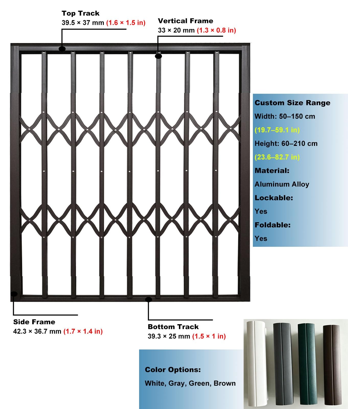 Rejas para Ventanas Barras de Seguridad Extensibles para Ventanas | Reja Plegable de Puerta y Ventana de Aluminio Altura de 60 80 100 120 150 200 210 cm, Protector Extensible Plegable de Ventan