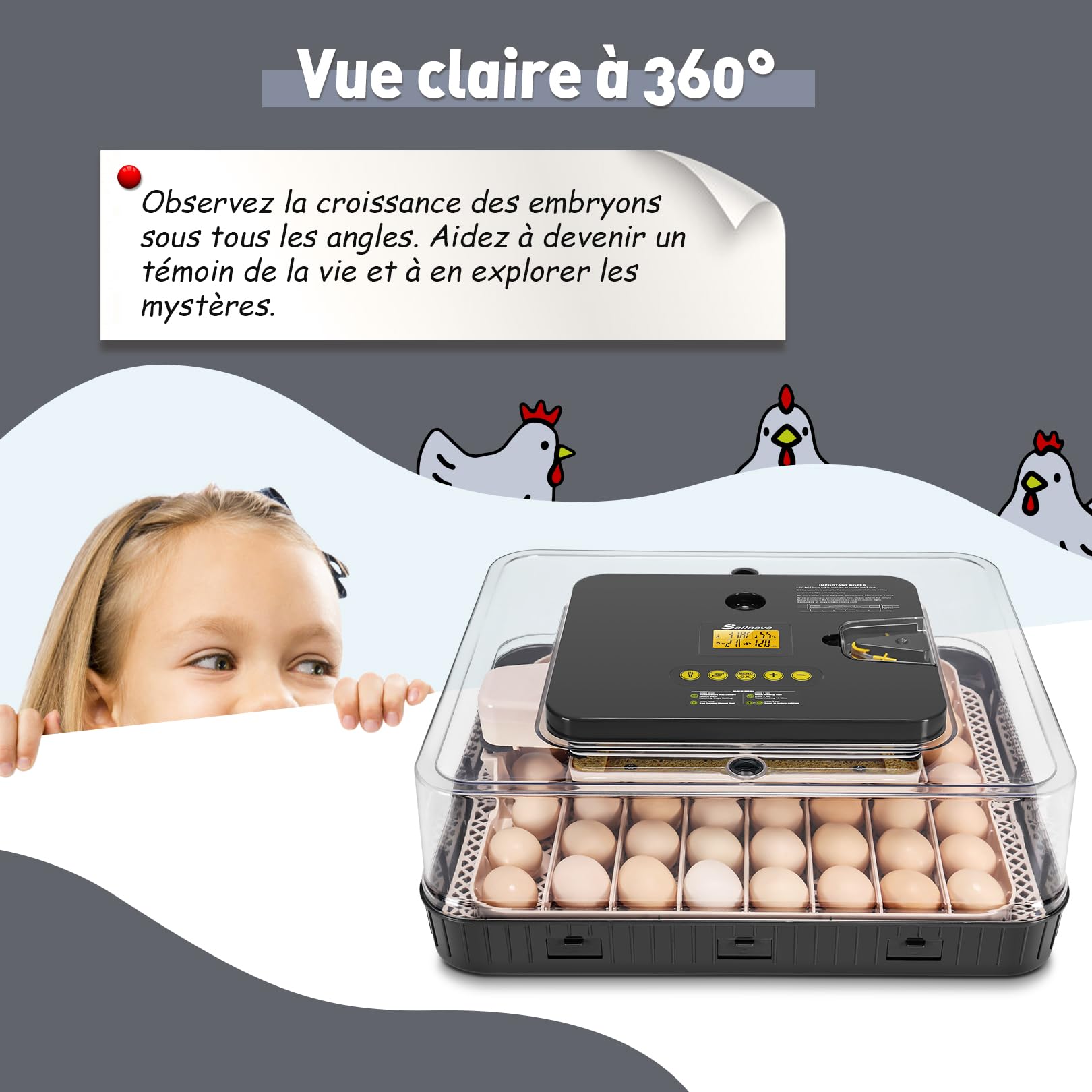 Sailnovo Couveuse 56 Oeufs Incubateur Oeuf Automatique avec Retournement Automatique des Oeufs et Humidification Automatique, Parfait pour les laboratoires, les écoles et les fermes, Gris